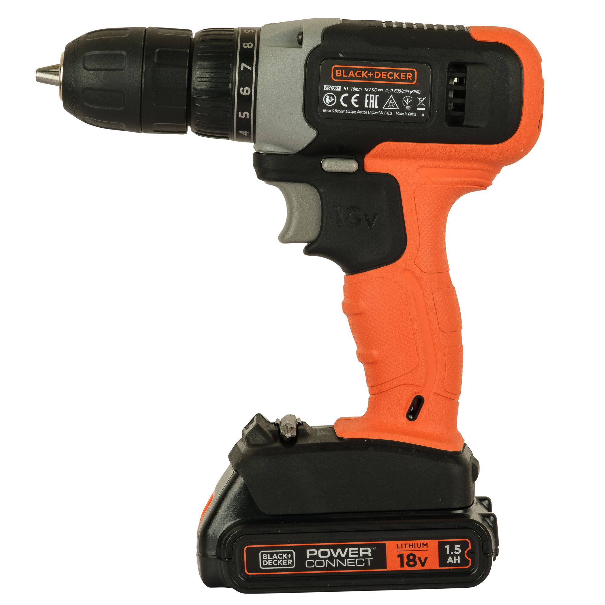 BLACKDECKER BCD001C1 cordless drill, orange and black, left-side view, 18V lithium battery.