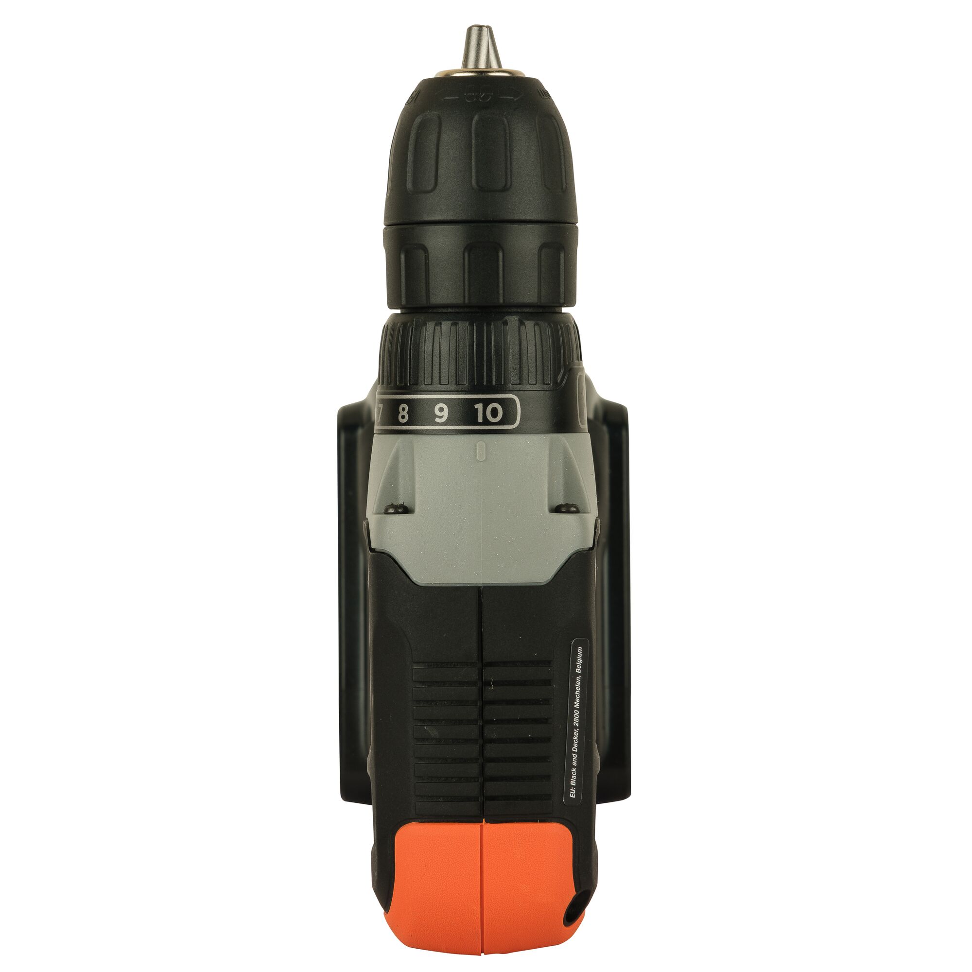 BLACKDECKER BCD001C1 cordless drill front view, black and orange handle, white background.