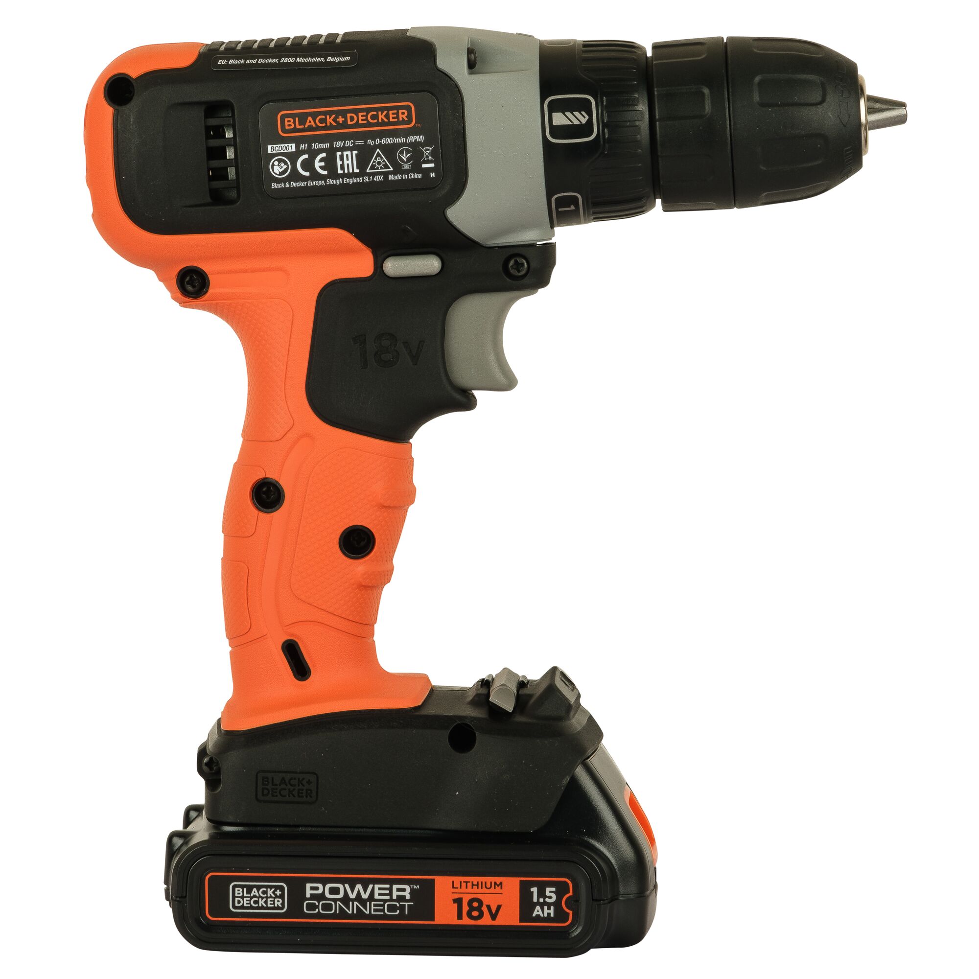 BLACK+DECKER BCD001C1 cordless drill with orange and black design, side view on white background.