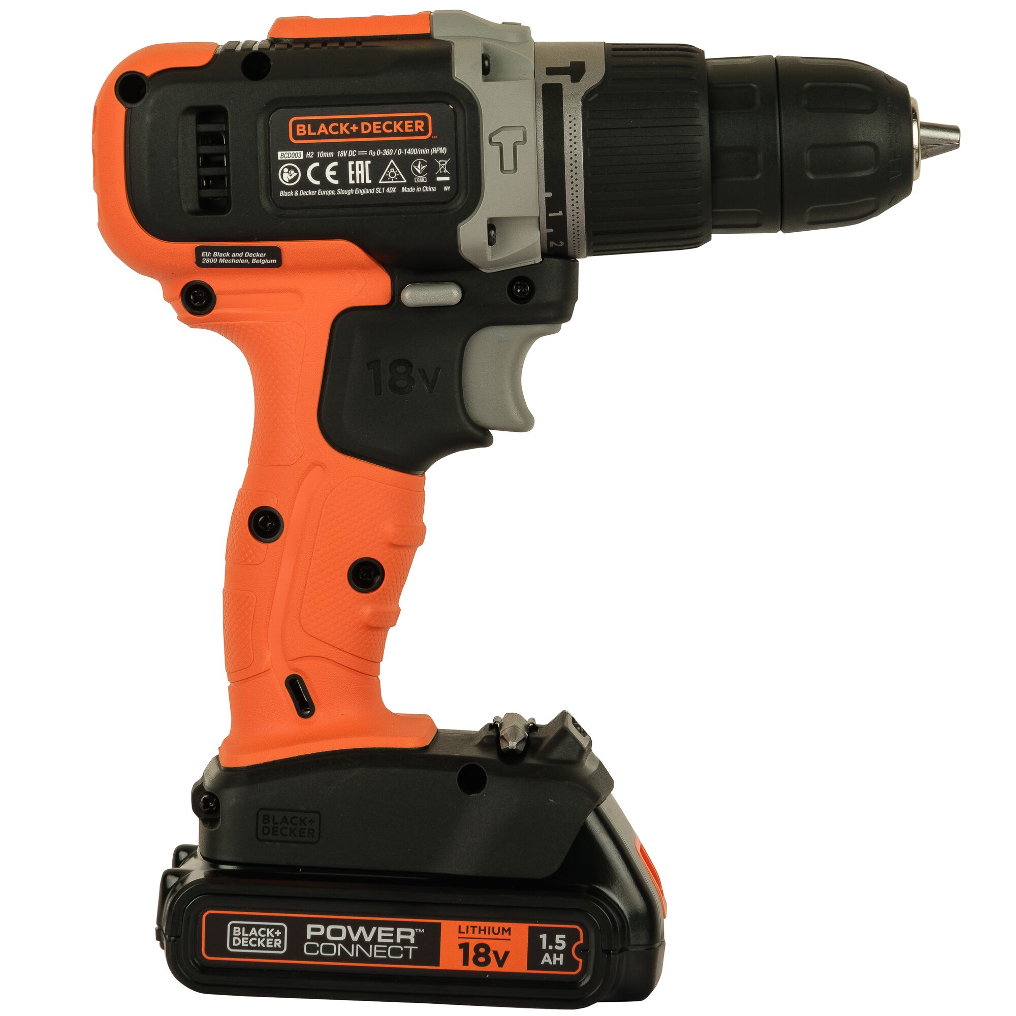 Photo of BLACK+DECKER cordless drill BCD003C1, 18V, orange and black, side view on white background.