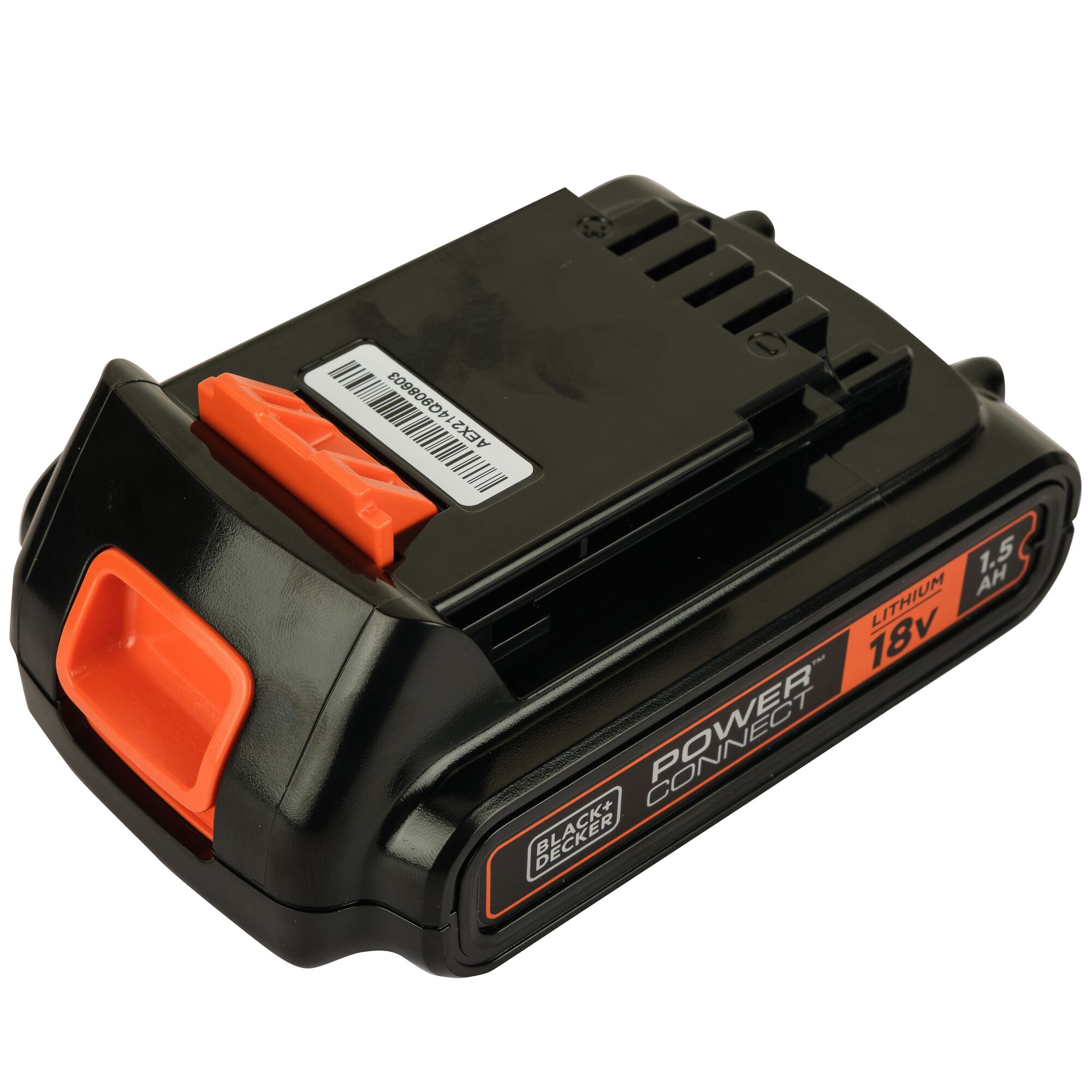Photo of BLACK+DECKER 18V lithium battery BCD003C1, black housing with orange accents, side angle on white background.