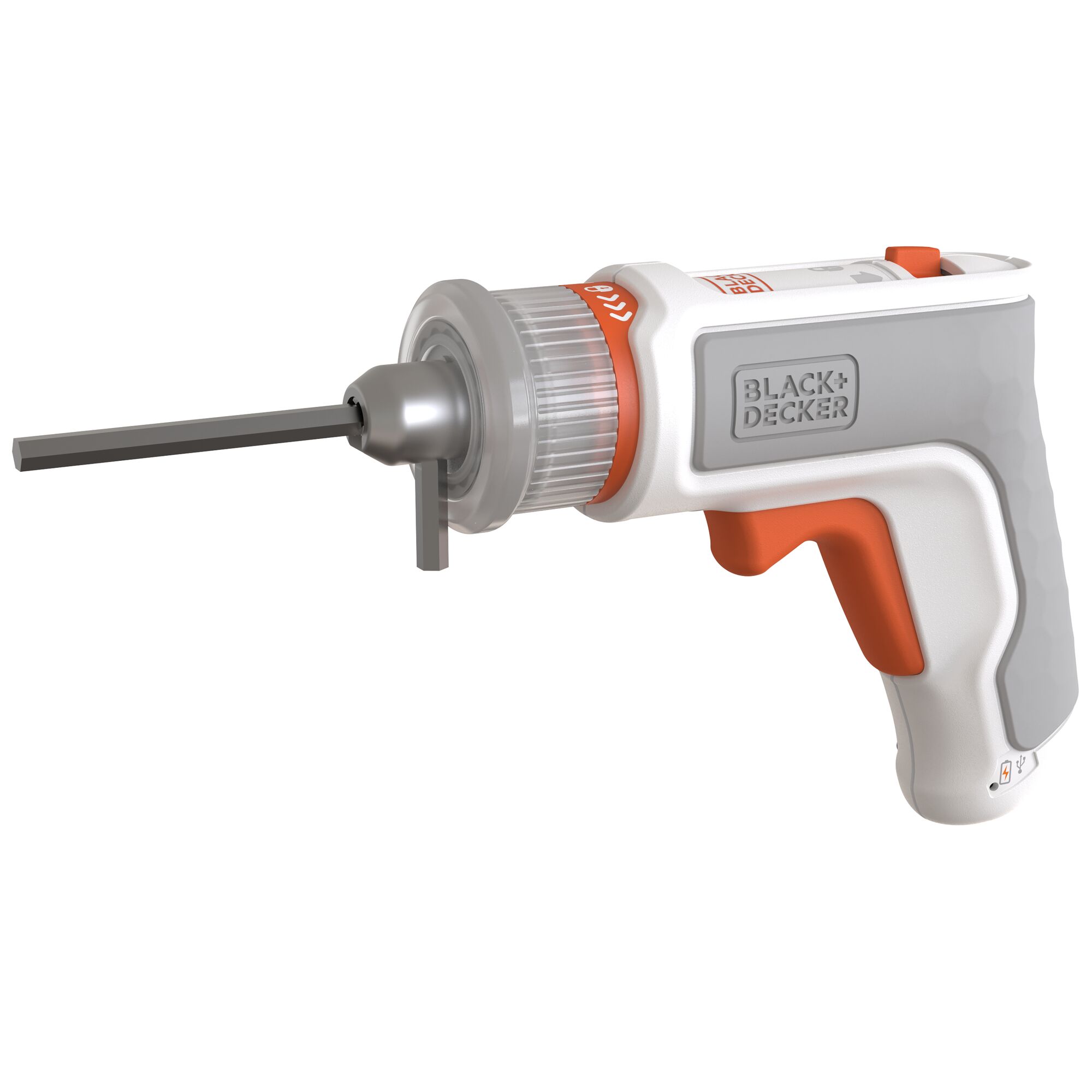 BLACK+DECKER BCRTA01 cordless screwdriver side view, white and orange handle, with metal bit attached.