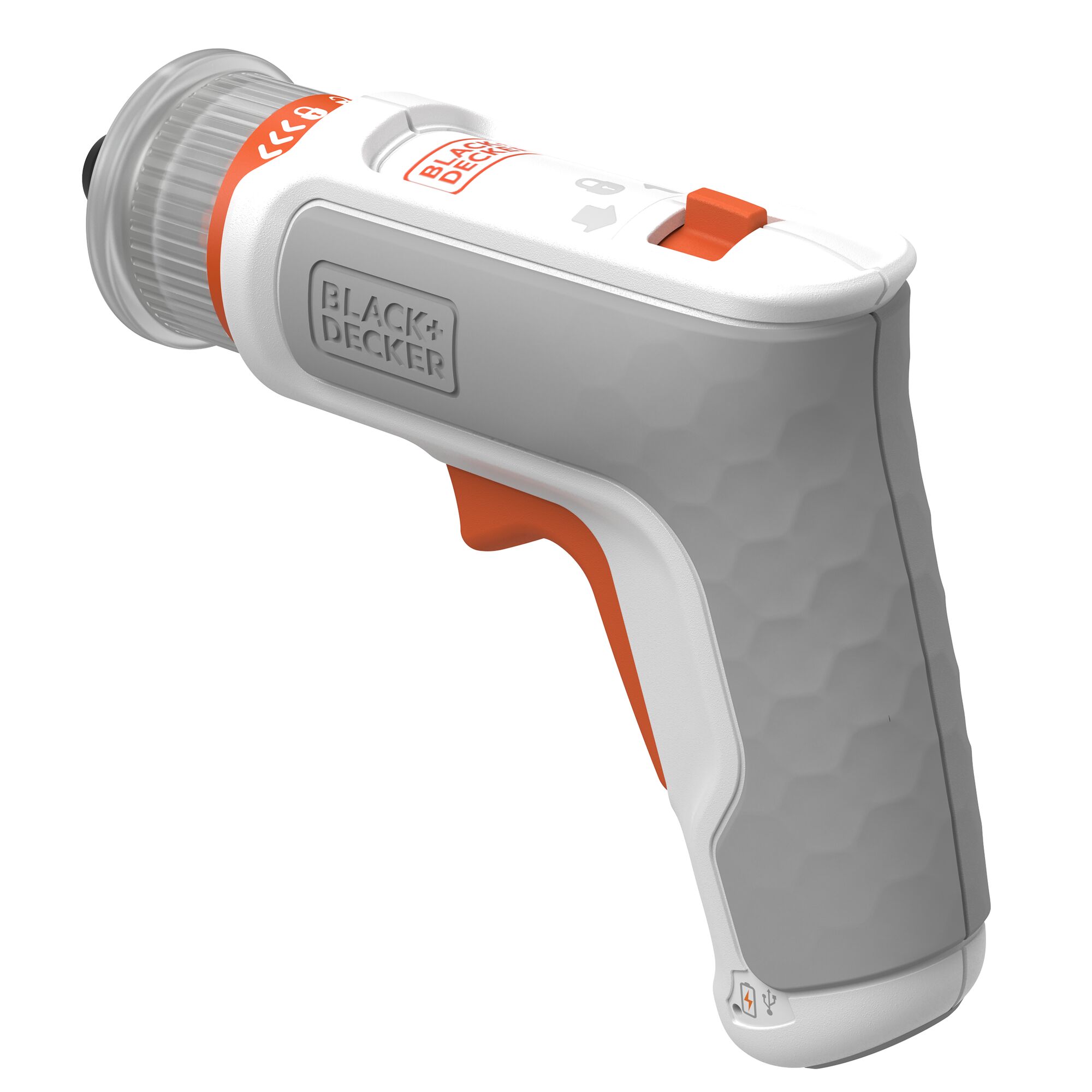 A close-up of a BLACK+DECKER handheld electric screwdriver in gray, white, and orange colors, showing its ergonomic grip, trigger, brand logo, and variable control switch.
