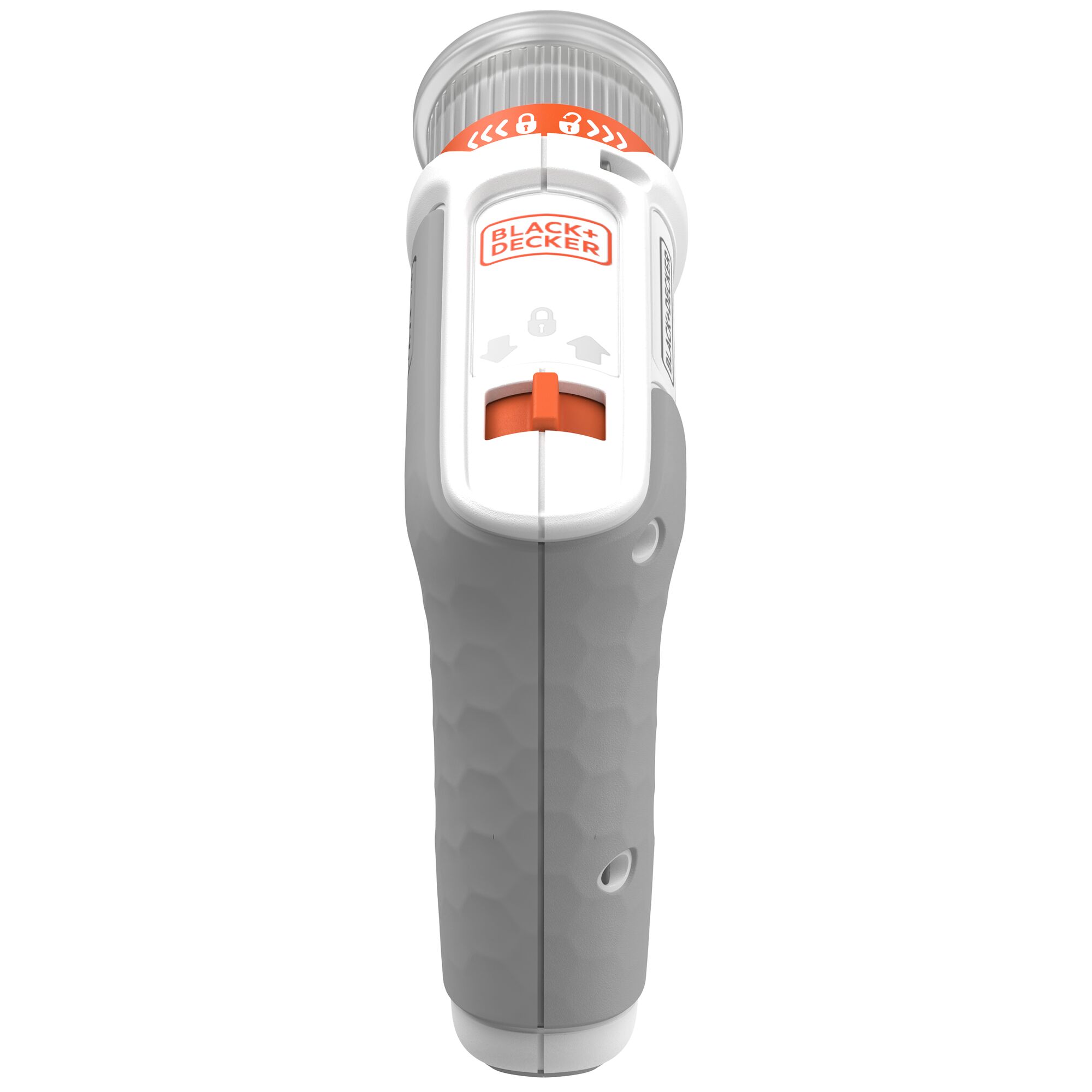 Front view of a BLACK+DECKER handheld tool with a gray textured grip, white body, an orange slider, and locking indicator. The top section features a clear part and orange labeling.