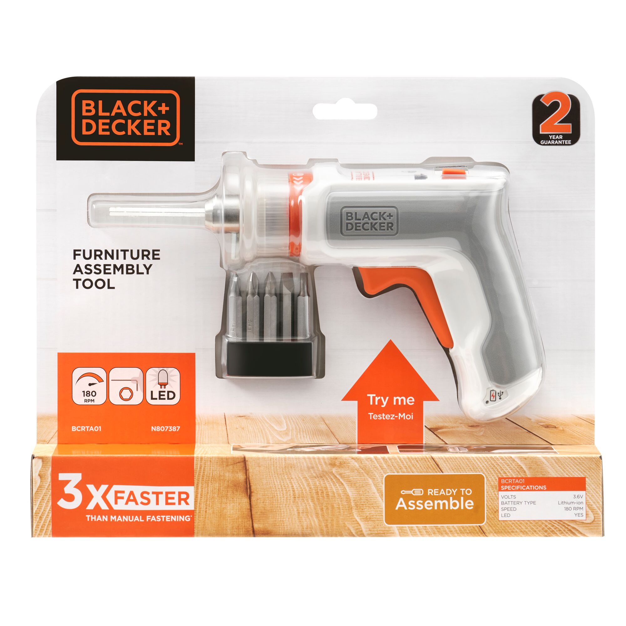 BLACK+DECKER furniture assembly tool in its retail packaging, featuring a compact electric screwdriver with LED light and interchangeable bits. The packaging highlights key features including 180 RPM speed, LED light, and claims to be three times faster than manual fastening.