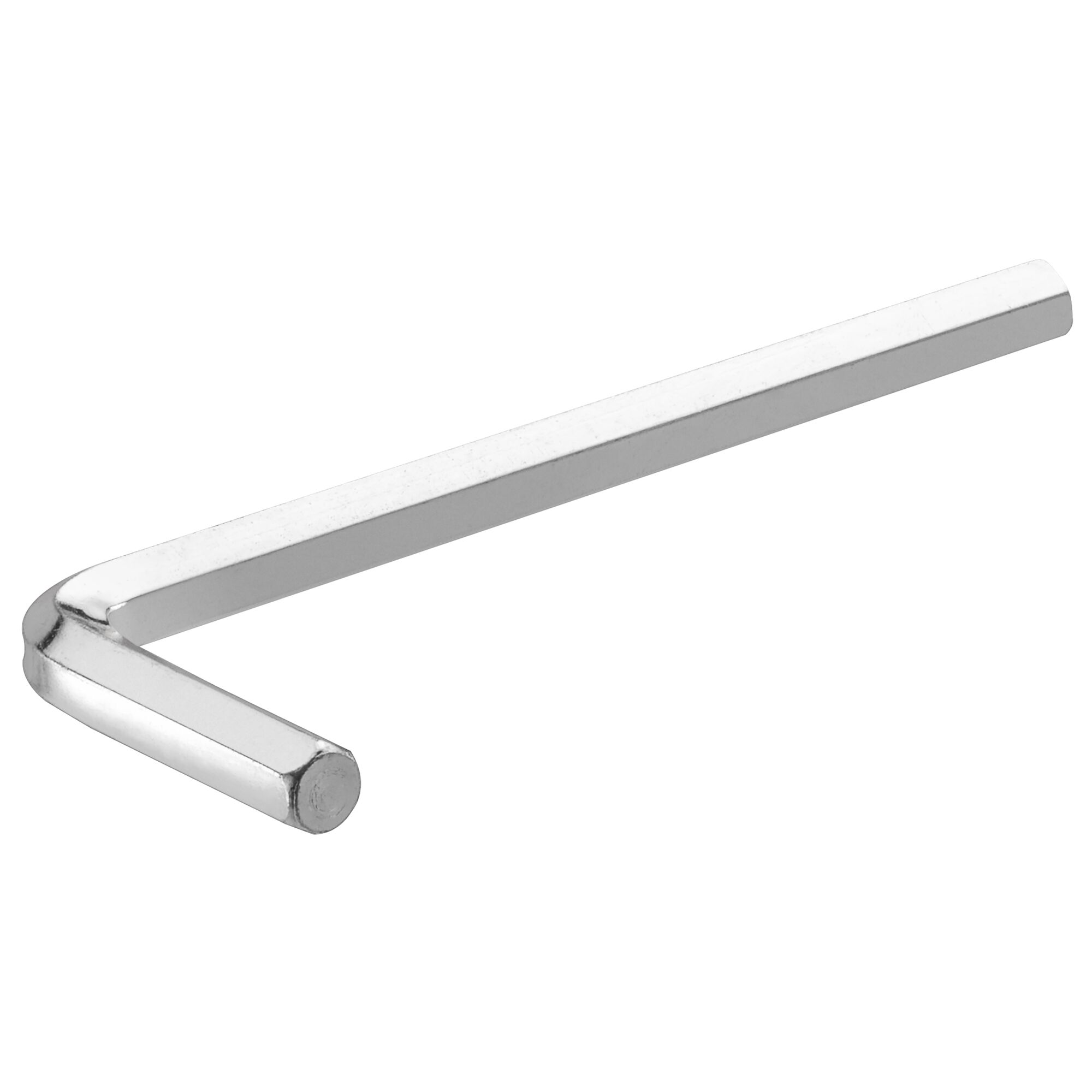 A silver L-shaped hex key, commonly used for tightening or loosening hexagonal bolts or screws.