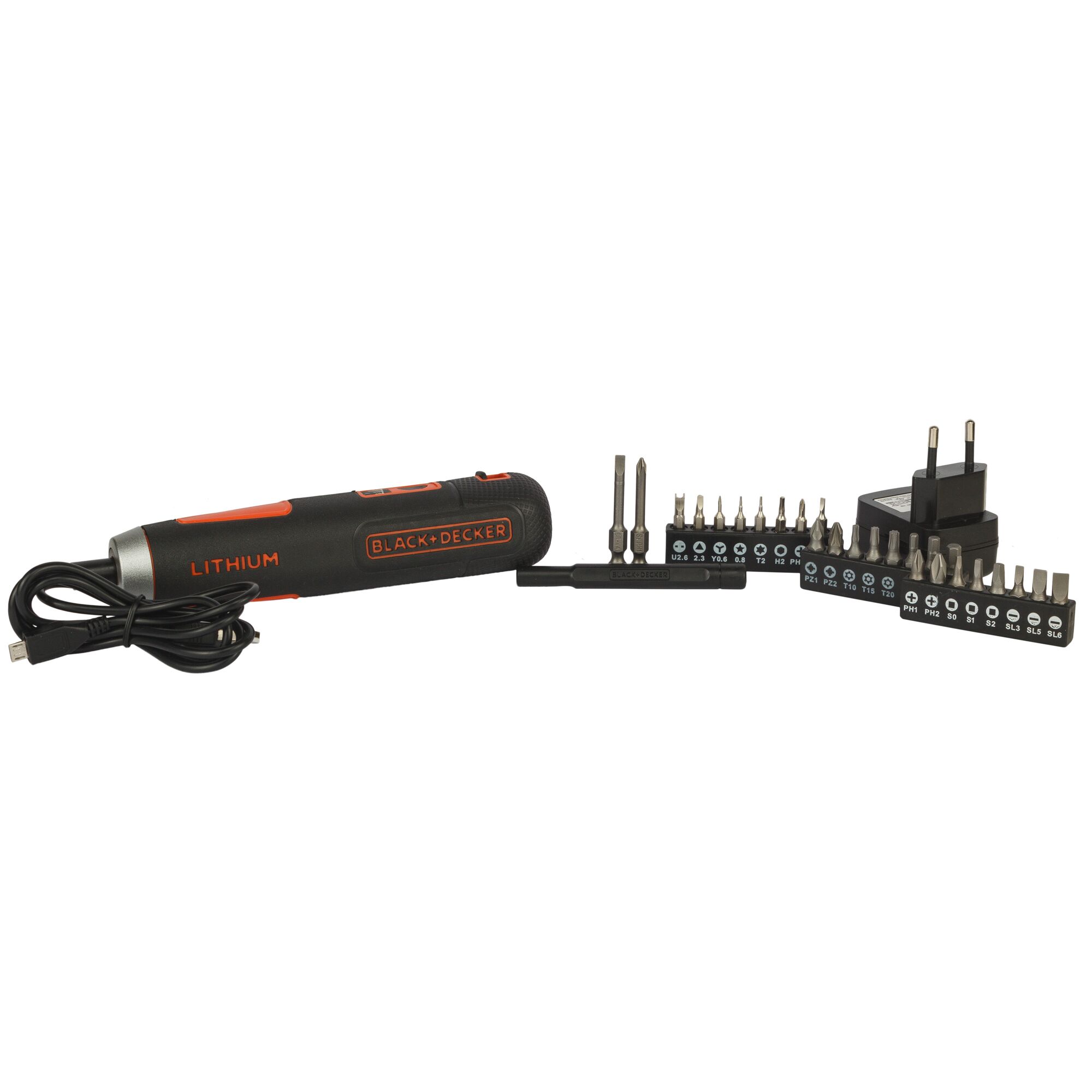 BLACKDECKER BD40K27 cordless screwdriver kit with lithium battery, multiple bits, charger, front angle.