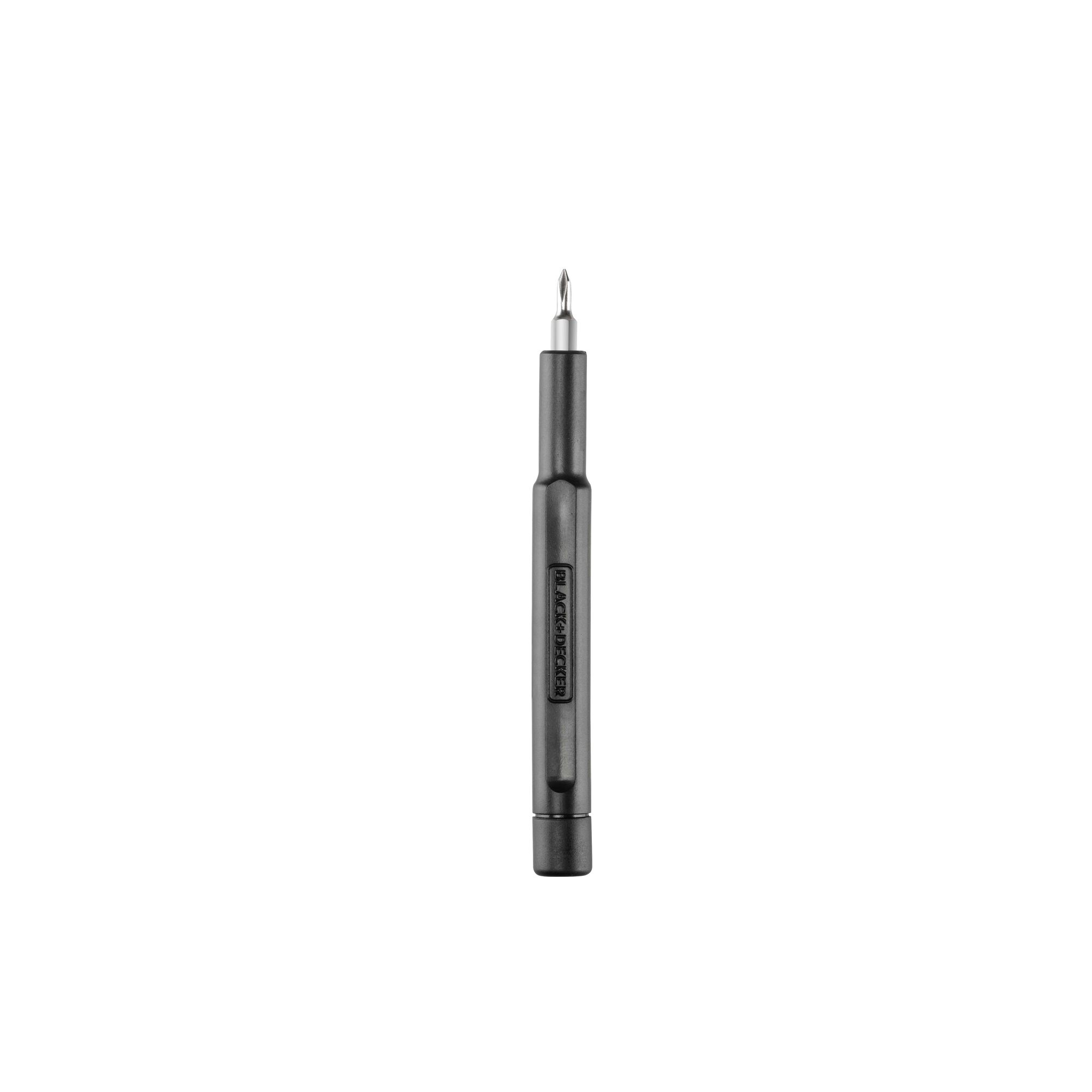 A BLACK+DECKER electric screwdriver, black, standing vertically on a white background.