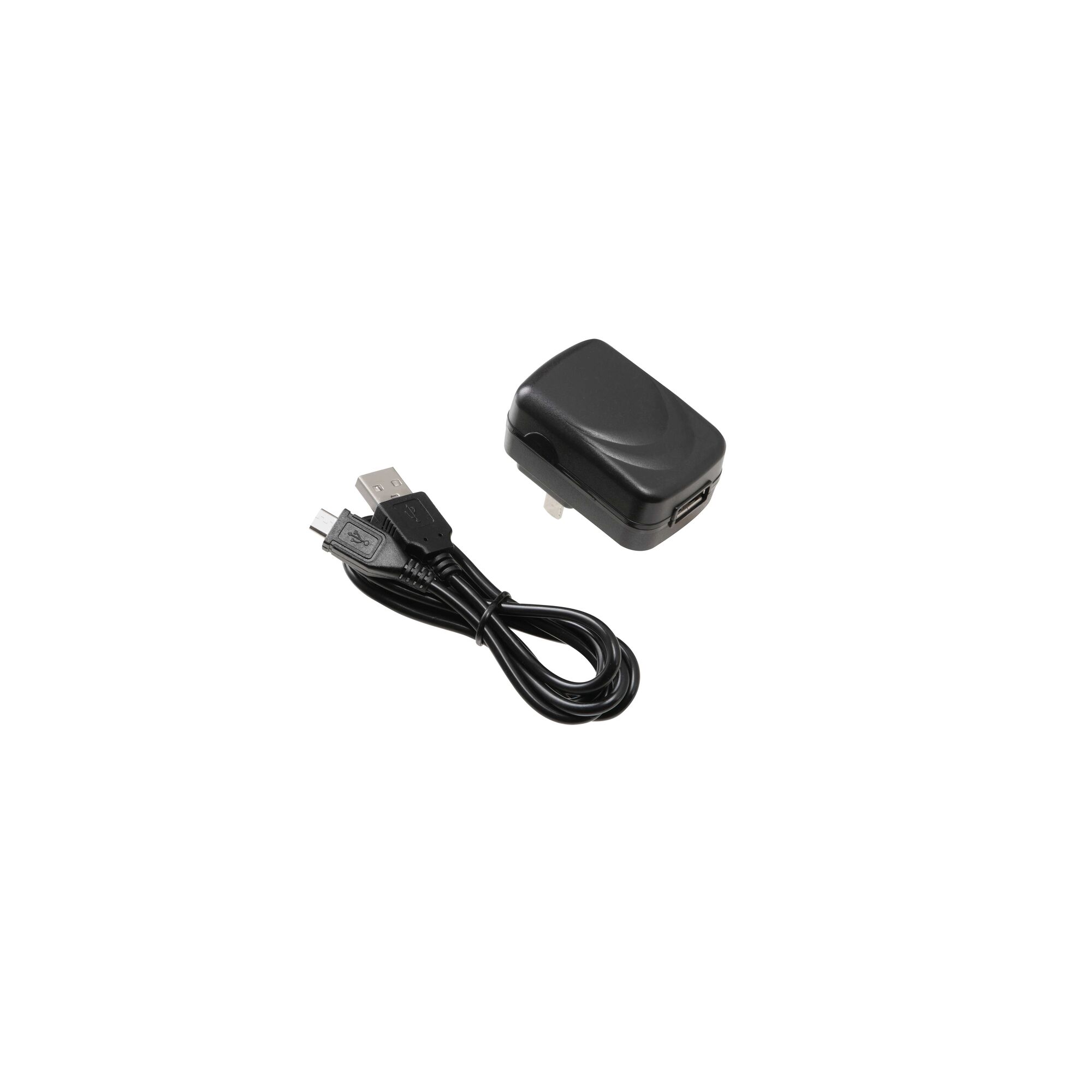 A black USB wall charger adapter and a black USB cable with a micro USB connector, positioned side by side on a white background.