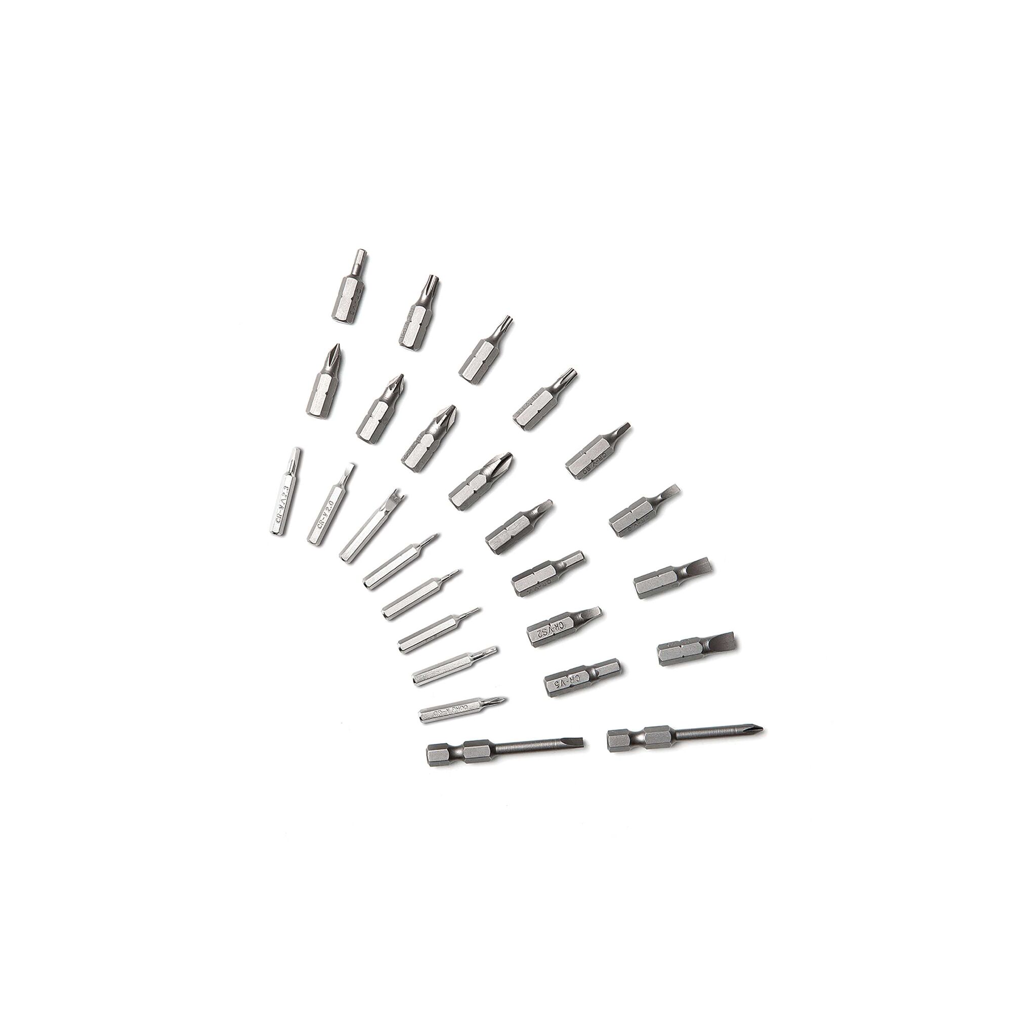 A set of 27 metal screwdriver bits arranged in a semi-circle on a white background. The bits come in various shapes and sizes for different types of screws.