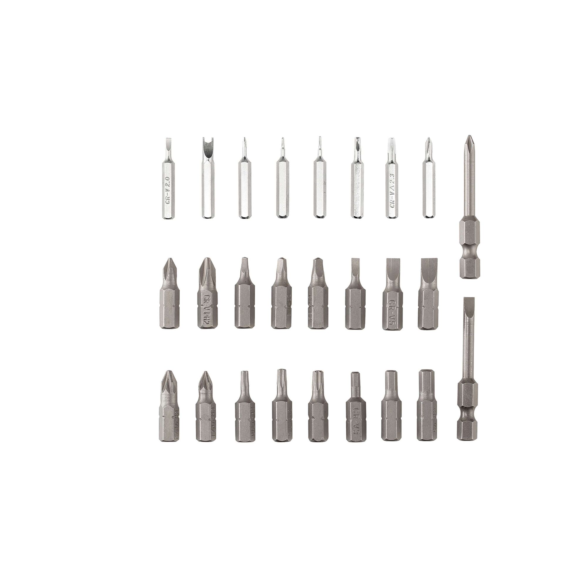 A set of various screwdriver bits arranged in rows on a white background. The set includes different types and sizes of bits, designed for use with electric screwdrivers or drill drivers.