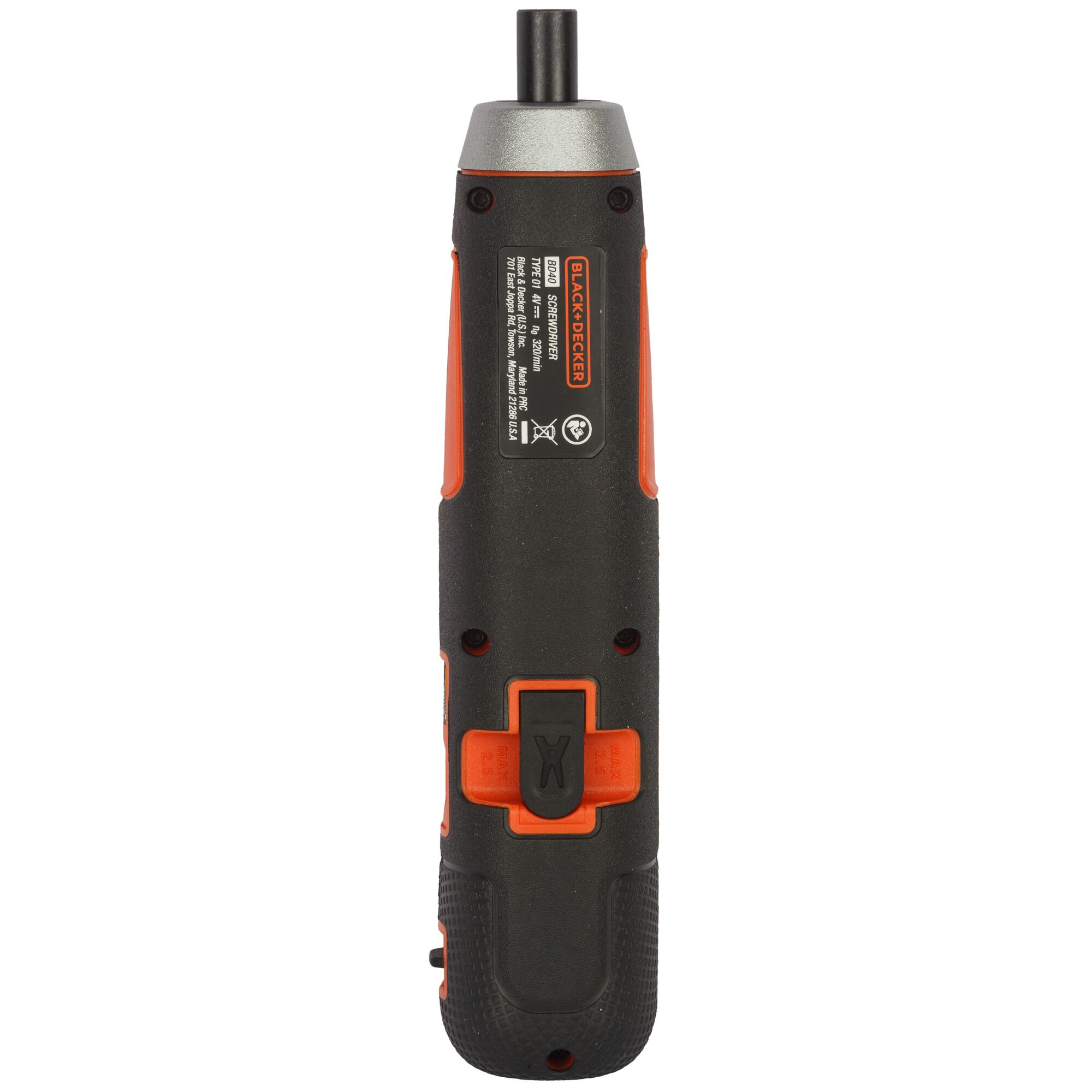 BLACKDECKER BD40K27 electric screwdriver, black and orange, rear angle on white background.
