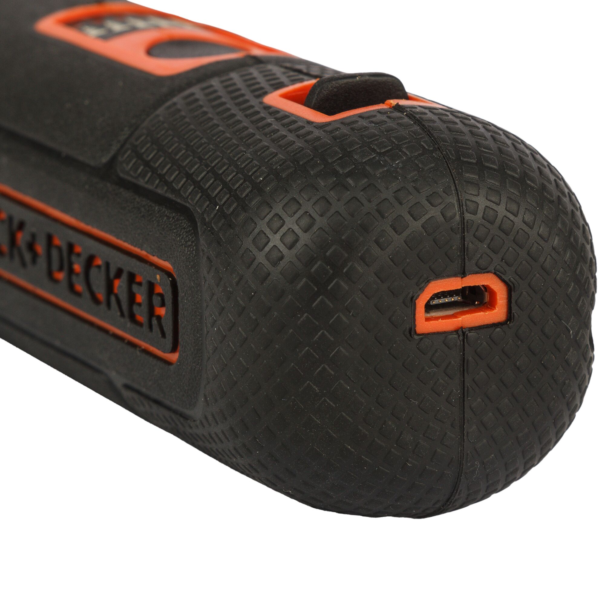 BLACKDECKER BD40K27 photography of black and orange textured handle showing USB charging port, close-up.