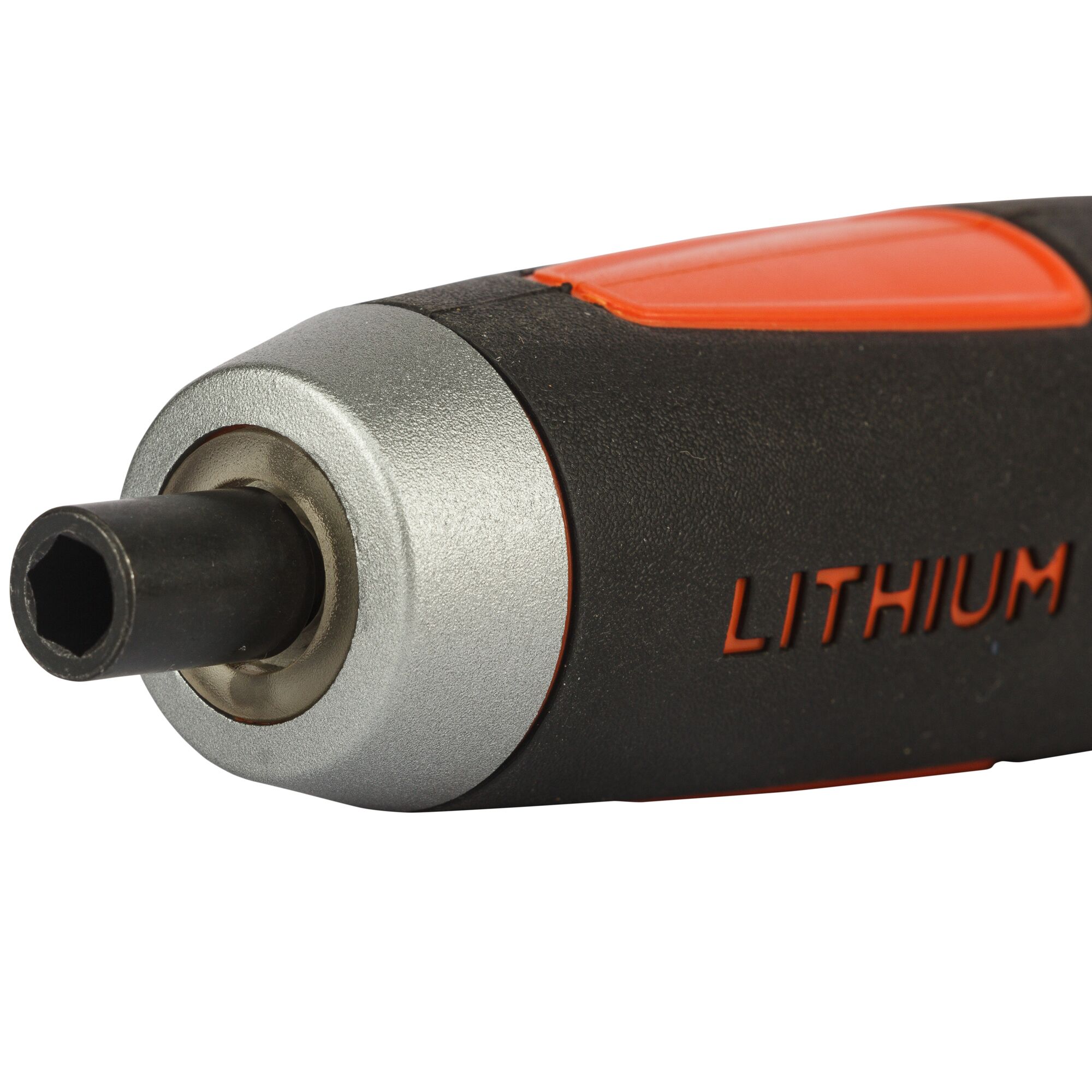 BLACKDECKER BD40K27 cordless screwdriver close-up with black and orange body, silver tip, visible LITHIUM marking, white background.