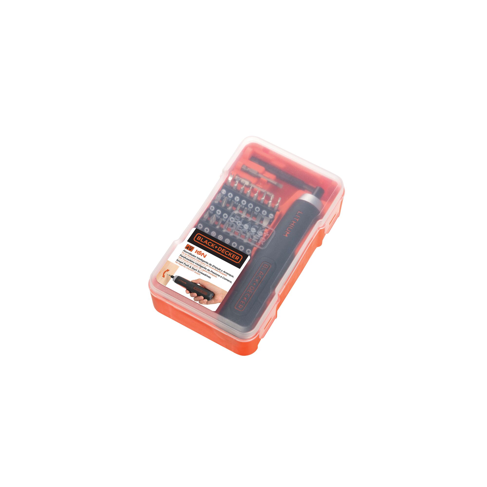 A BLACK+DECKER BD40K27 tool kit in an orange plastic case, containing a cordless screwdriver and multiple screwdriver bits organized in compartments.