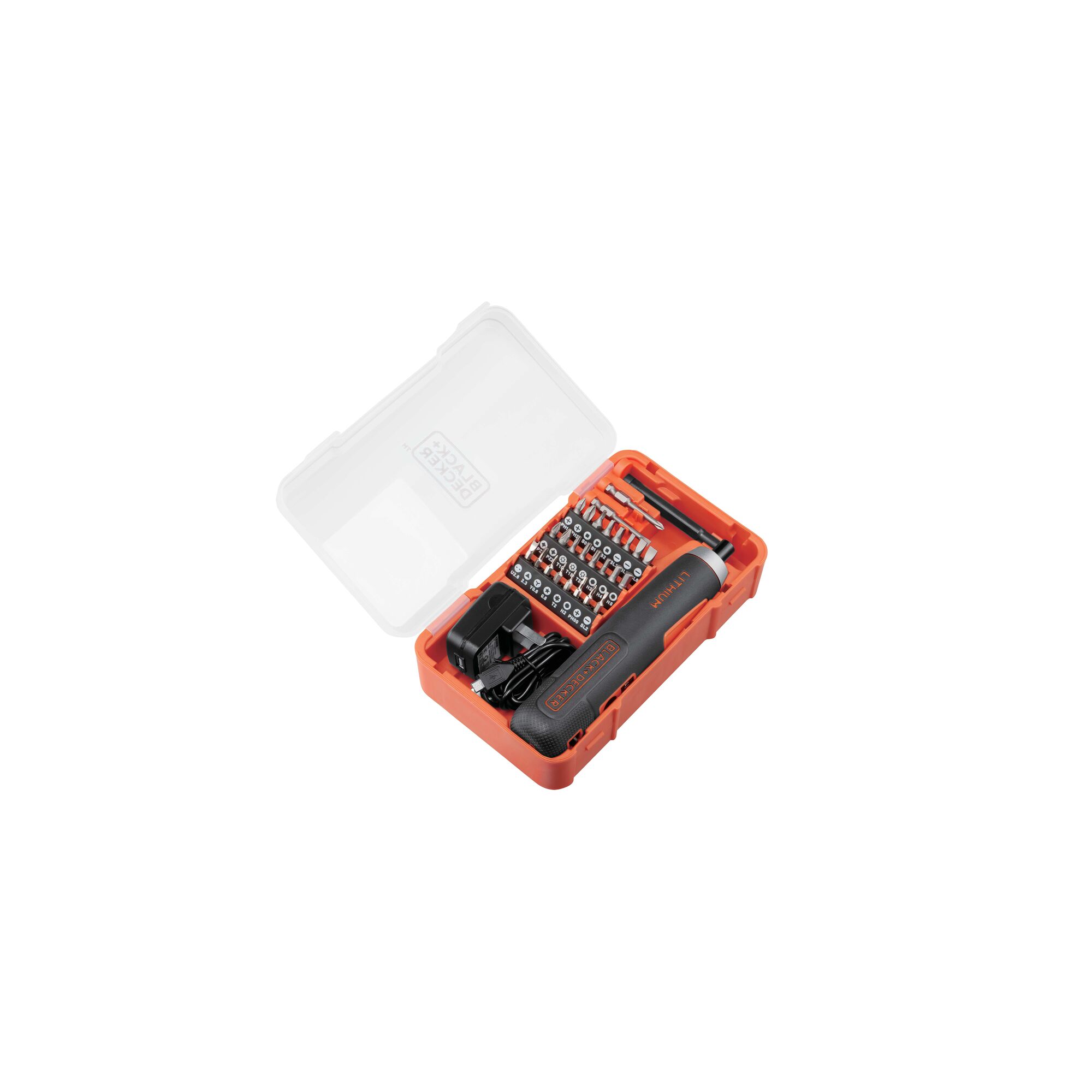 A BLACK+DECKER electric screwdriver set with multiple bits, charger, and orange plastic carrying case with a transparent lid.