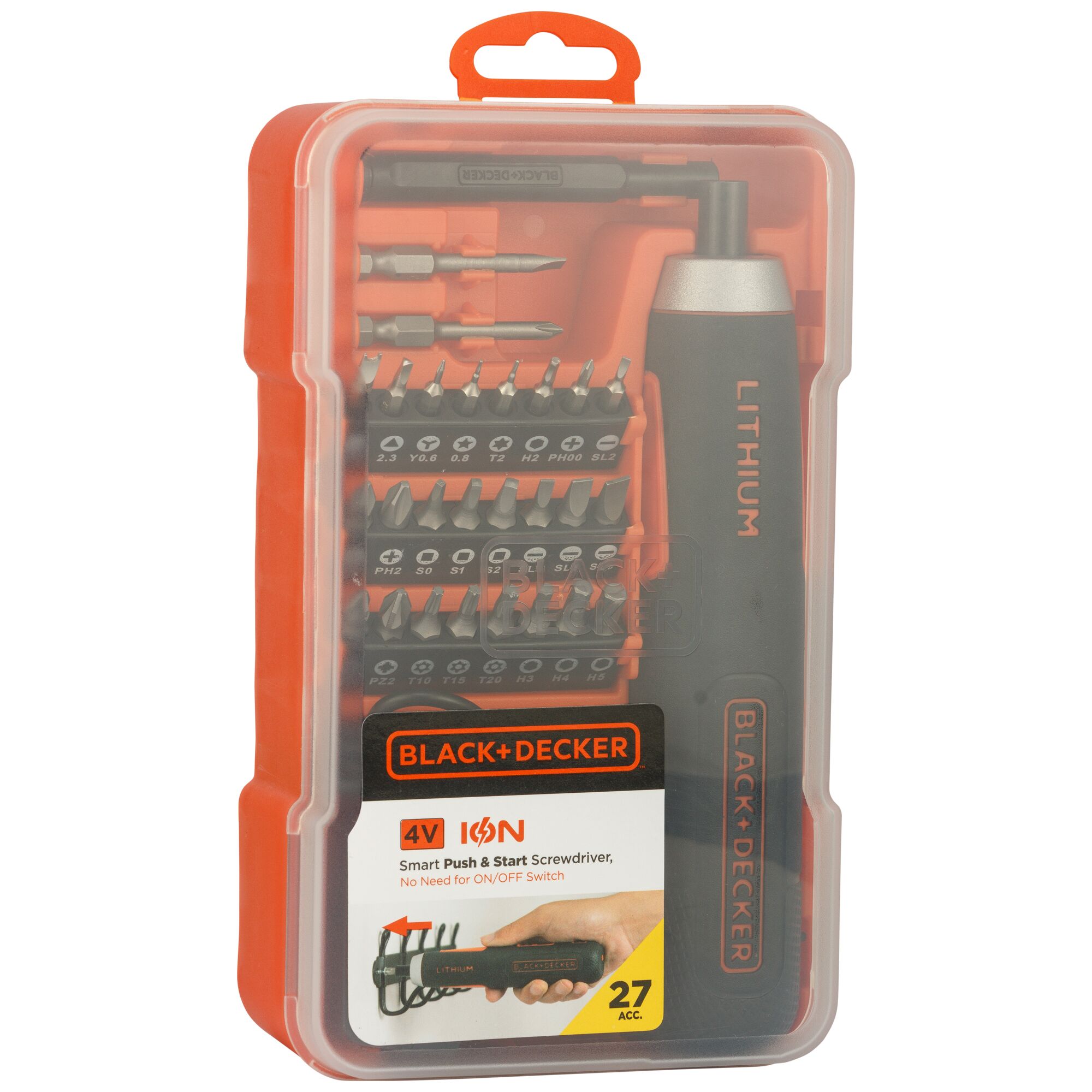A BLACK+DECKER 4V lithium smart push and start screwdriver kit with 27 accessories, packaged in a transparent plastic case with an orange border. The case shows various screwdriver bits and the electric screwdriver.