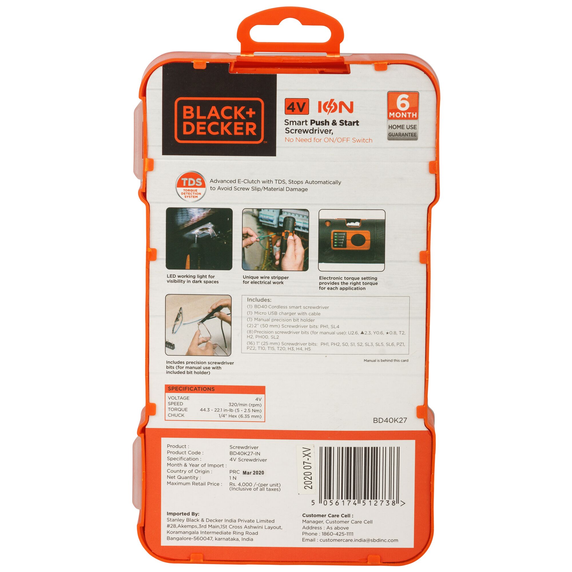 Back view of a BLACK+DECKER BD40K27 smart push & start cordless screwdriver kit packaging. The box features product details, specifications, included accessories, warranty information, and images highlighting features like LED work light, unique wire stripper, electronic torque setting, and precision screwdriver. The packaging is orange with black, white, and orange accents.