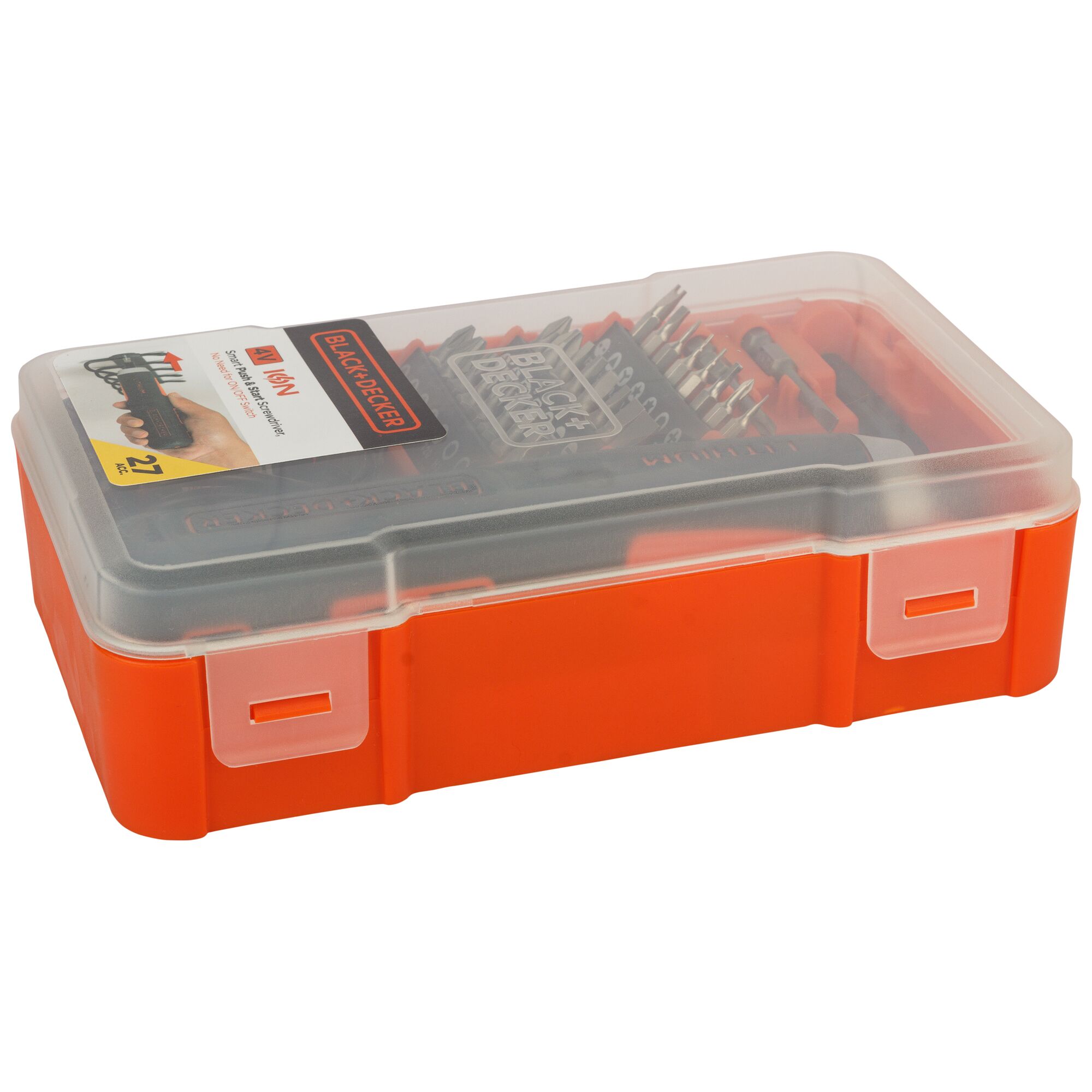 A BLACK+DECKER tool kit in an orange and transparent plastic case. The case contains various screwdriver bits and accessories organized in compartments, with the BLACK+DECKER logo visible inside.