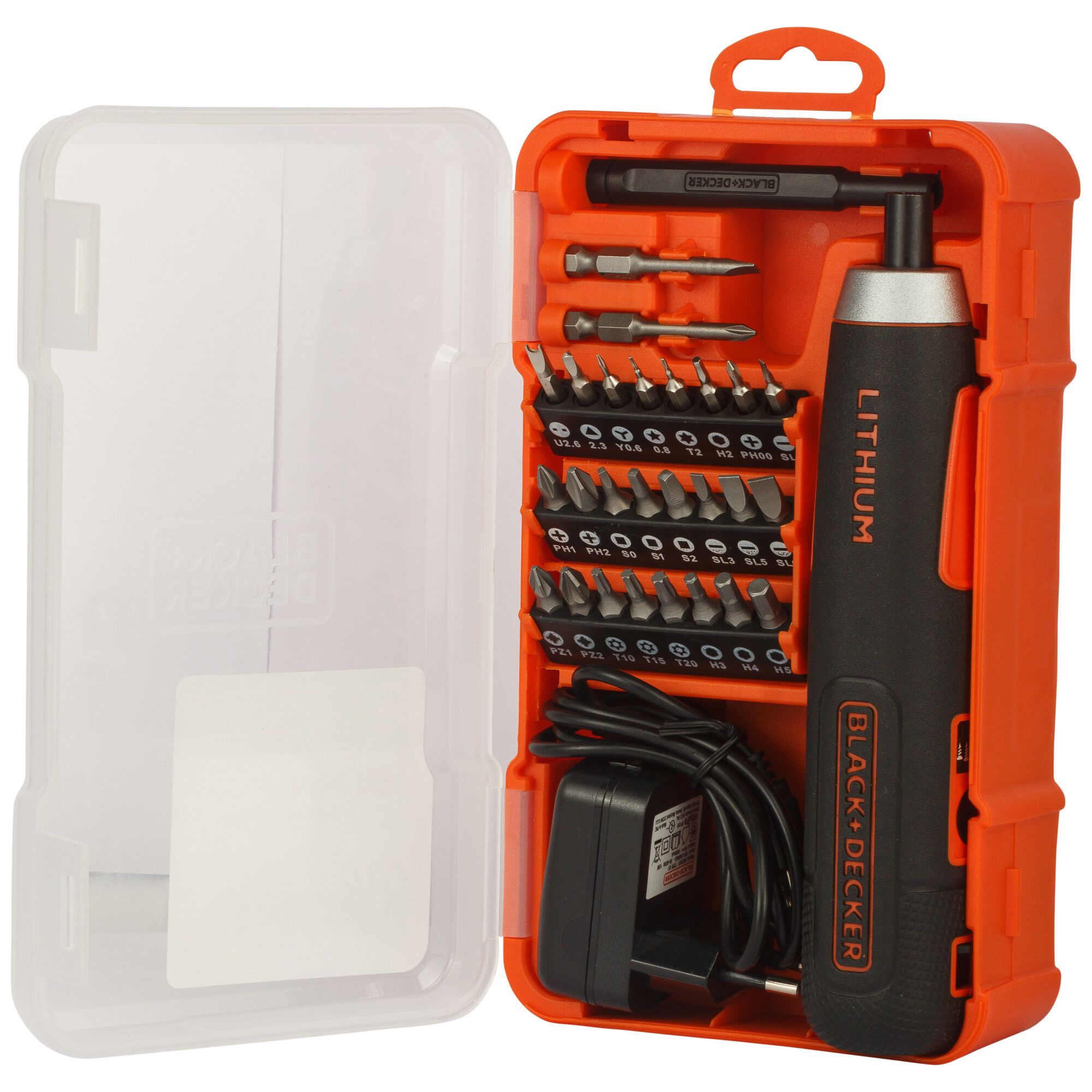 An open orange case containing a Black+Decker lithium electric screwdriver, multiple screwdriver bits organized in rows, a charging adapter, and a transparent lid.
