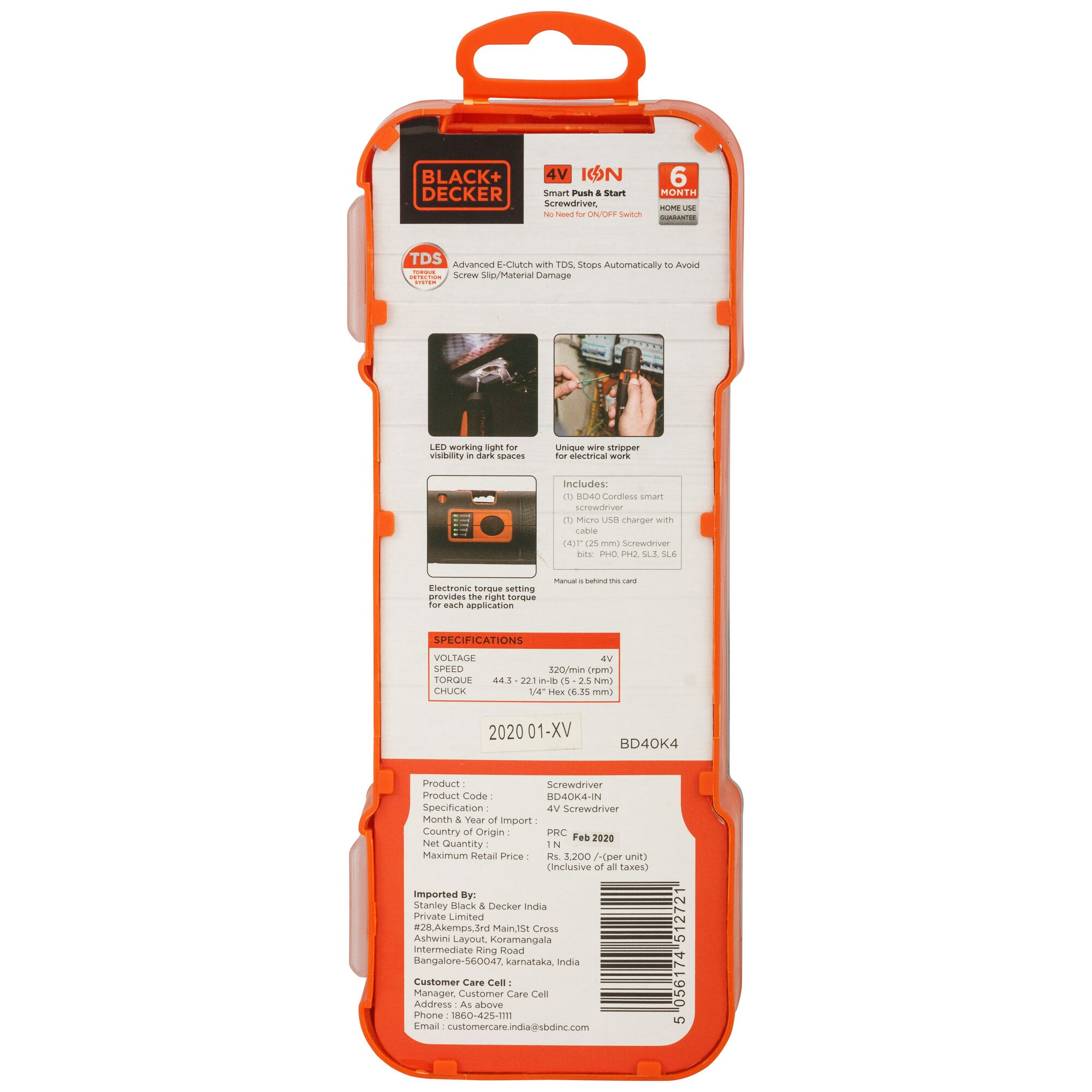 Back view of a BLACK+DECKER product package for the BD40K4 4V cordless smart screwdriver. The packaging is mainly orange and white, showing product details, specifications, included items, and features like LED working light, wire stripper tool, and TDS technology for screw slip prevention. Customer care and import information are listed at the bottom.