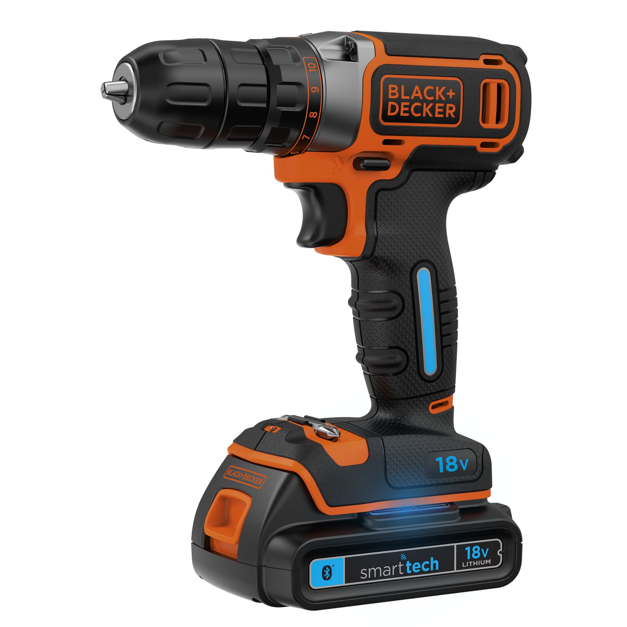 A BLACK+DECKER cordless drill with smart technology and an 18V lithium battery, featuring an orange and black design.