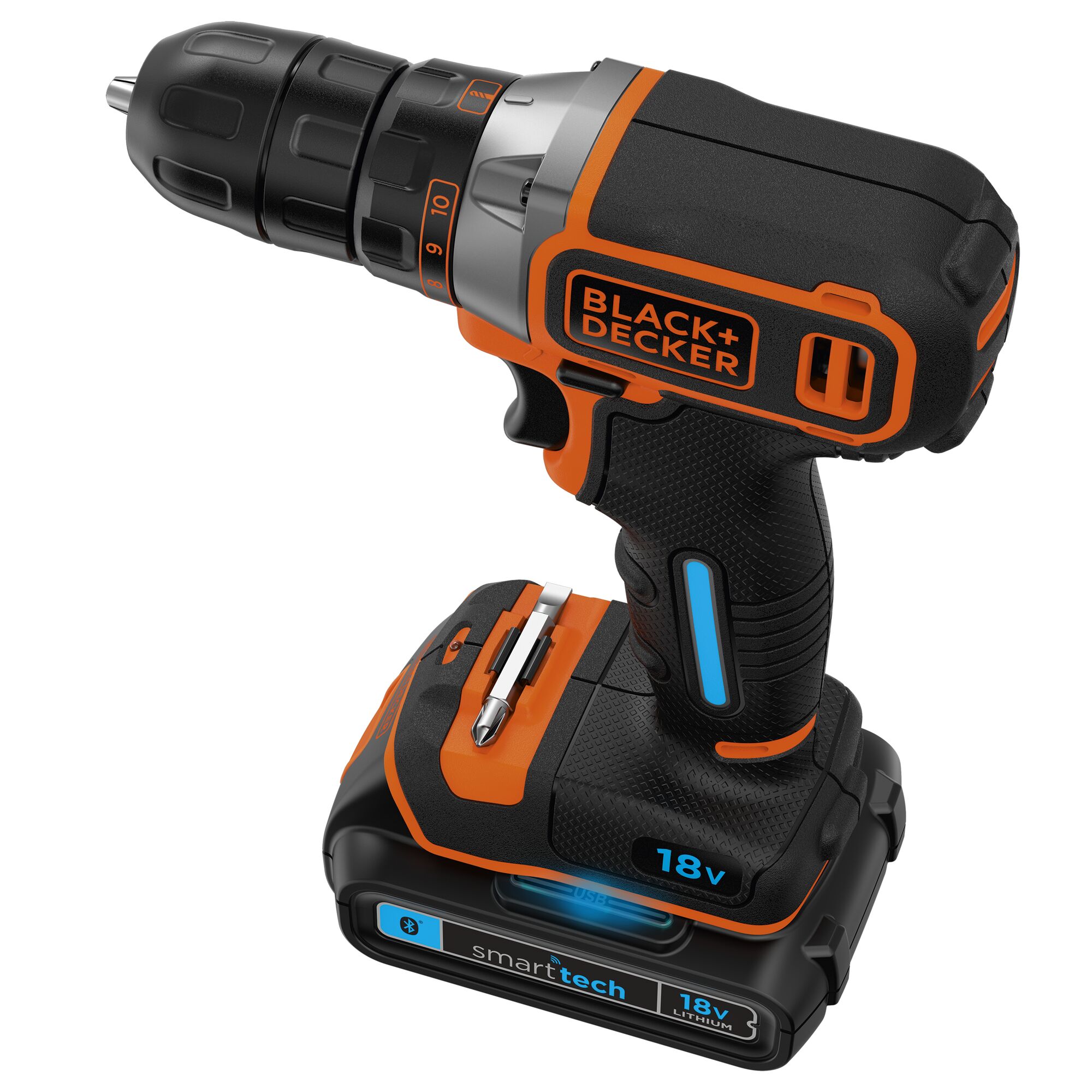 A BLACK+DECKER 18V cordless drill with smart tech lithium battery, featuring an ergonomic handle, orange and black design, and visible battery indicator.