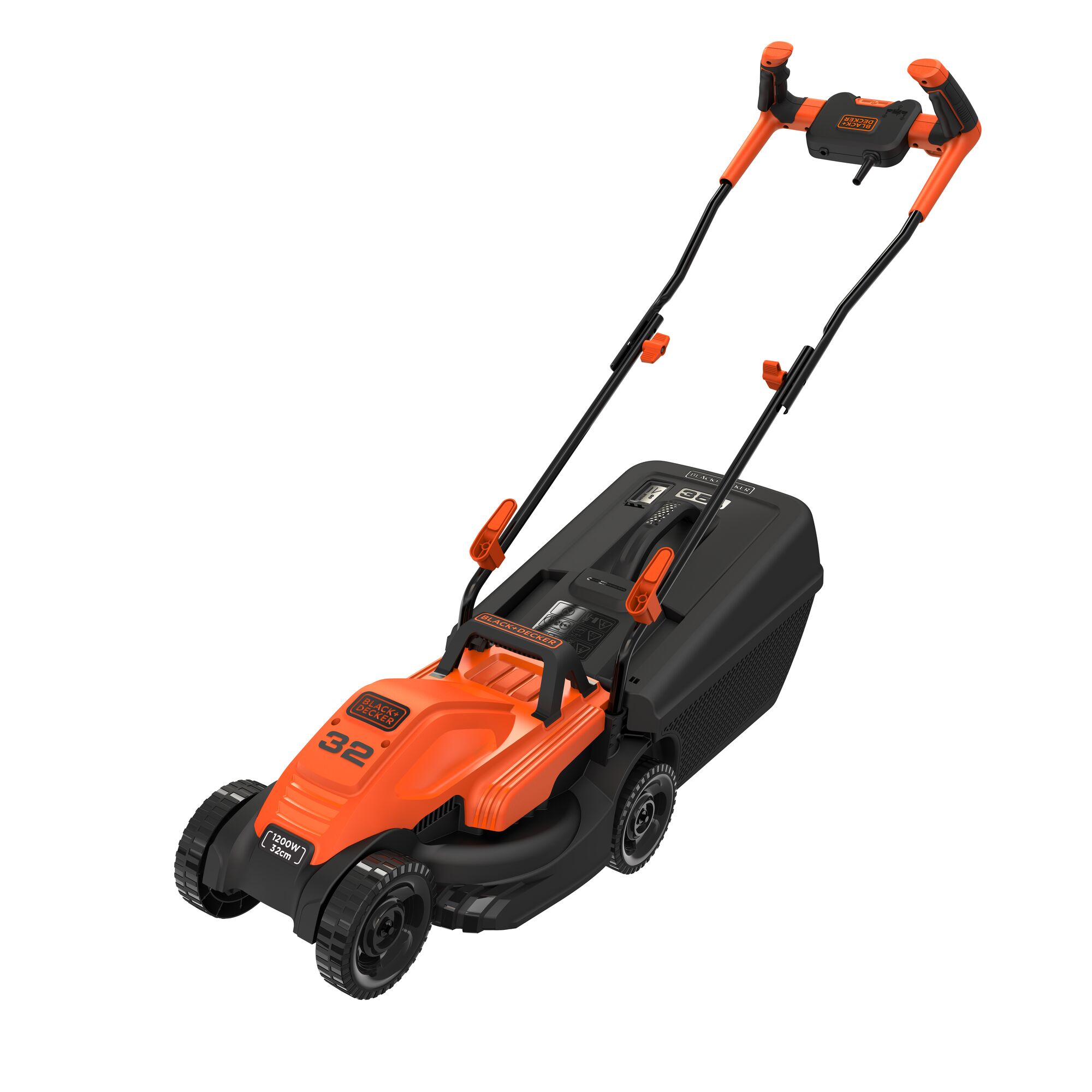 A BLACK+DECKER electric lawn mower with orange and black colors, featuring a handle and a grass collection box.
