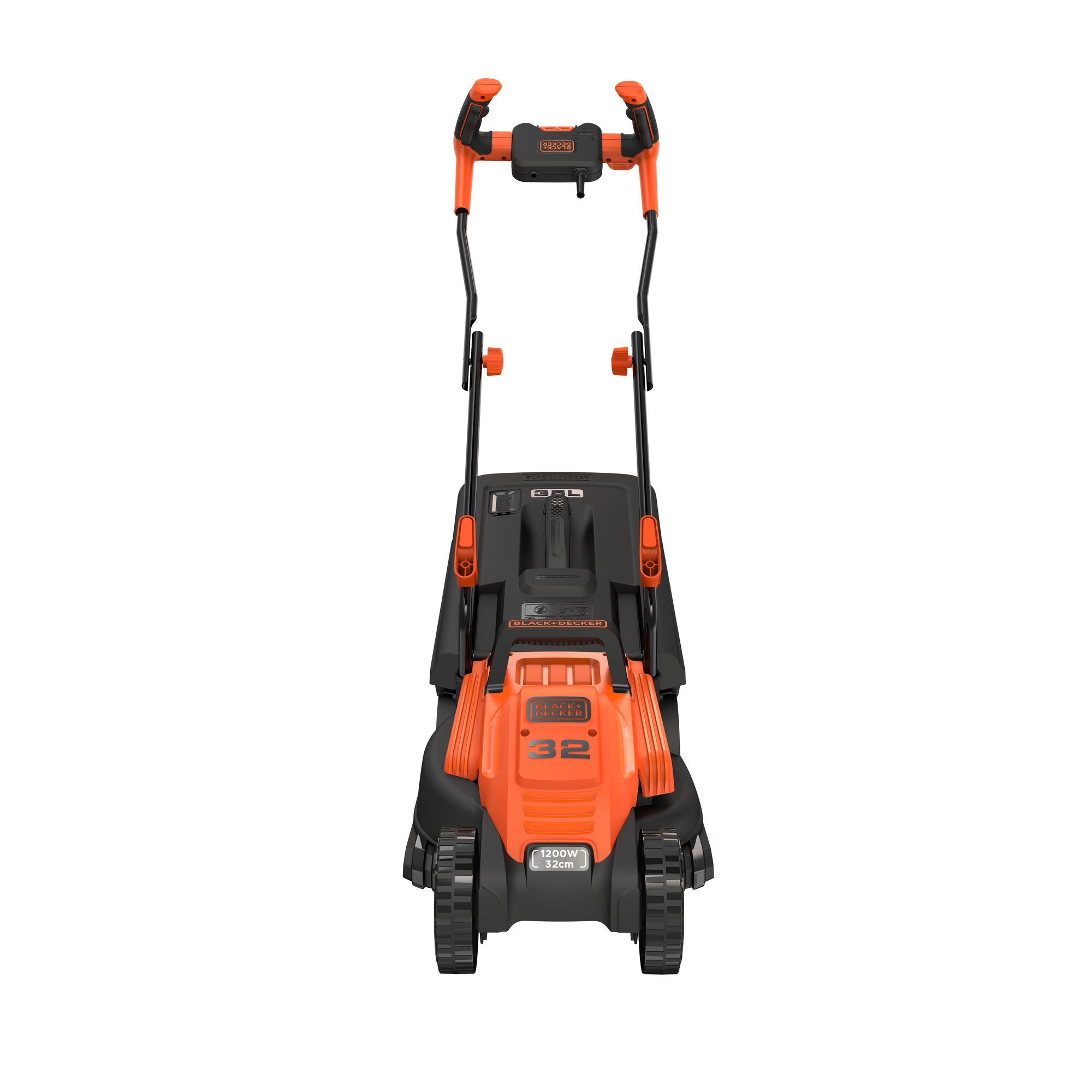 Front view of a BLACK+DECKER electric lawn mower with orange and black color, featuring a handle and large wheels. The model is BEMW451BH, with a 32 cm cutting width and 1200W power.