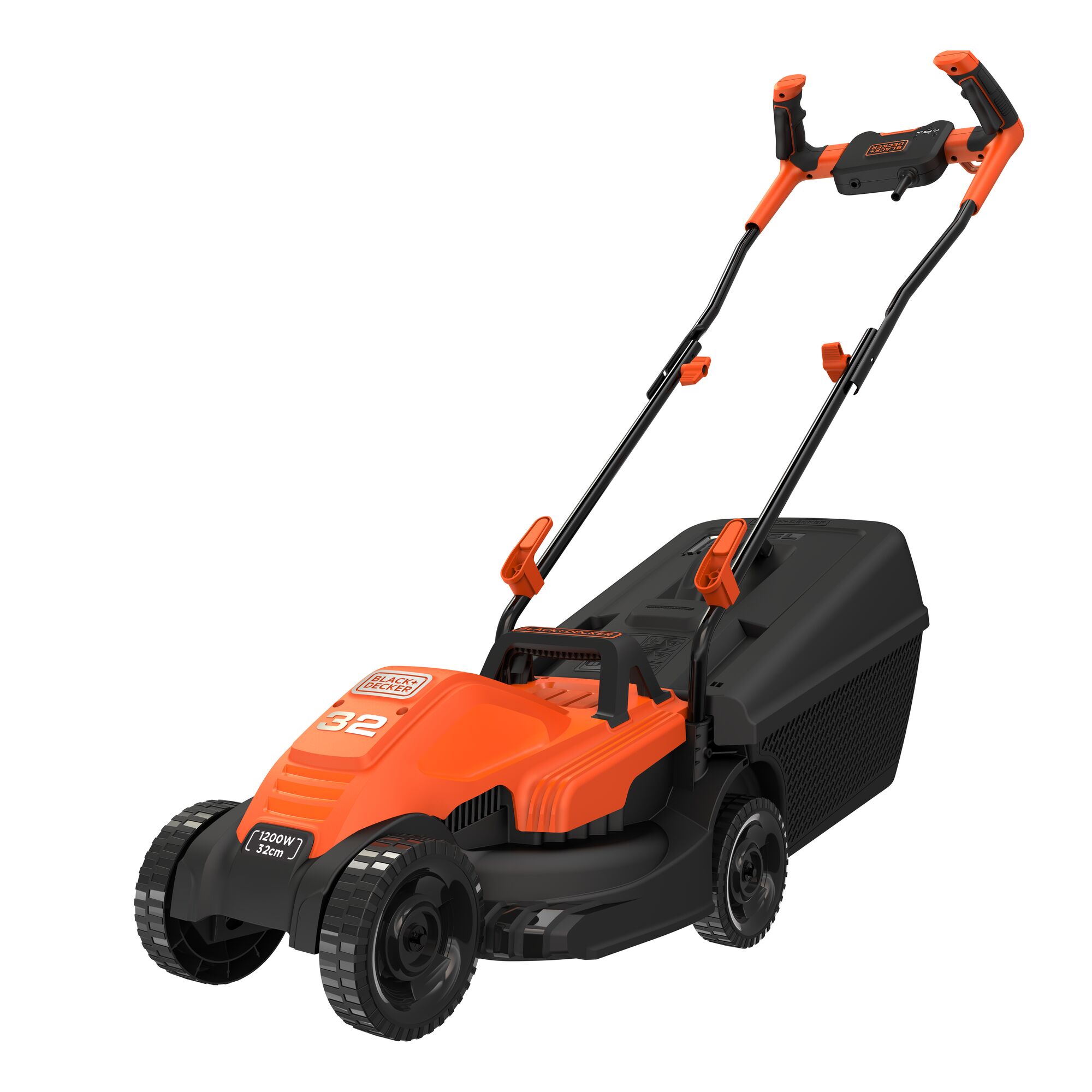 A BLACK+DECKER electric lawn mower with a bright orange and black design, featuring a long handle and a rear grass collection box. The model number BEMW451BH and 32cm cutting width are shown on the mower body.