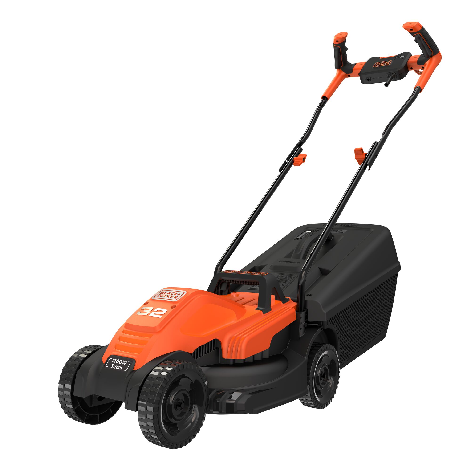 A BLACK+DECKER electric lawn mower with an orange and black design, featuring a large handle for pushing and a grass collection box at the rear.