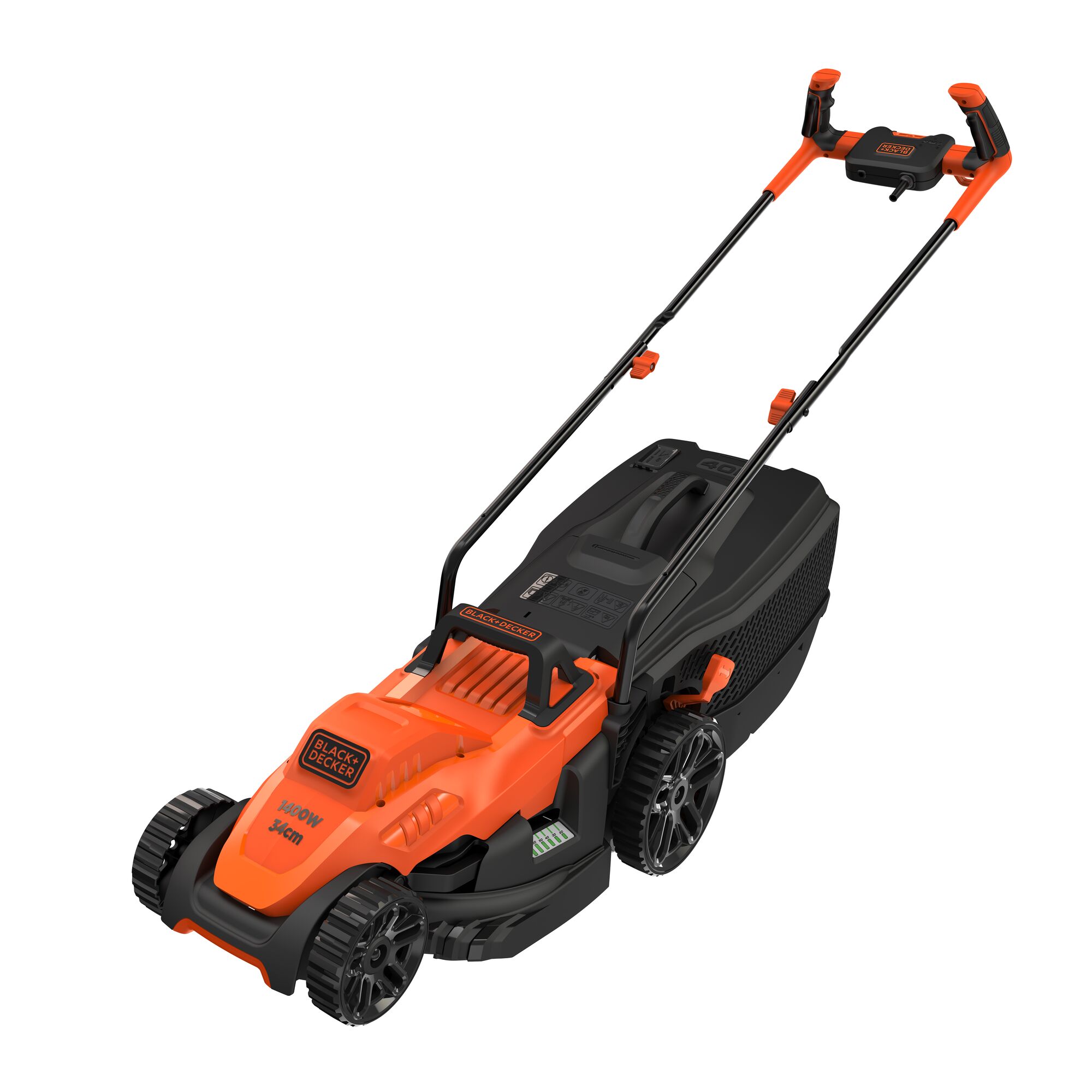 A BLACK+DECKER electric lawn mower with an orange and black design, featuring a long handle and large rear wheels.