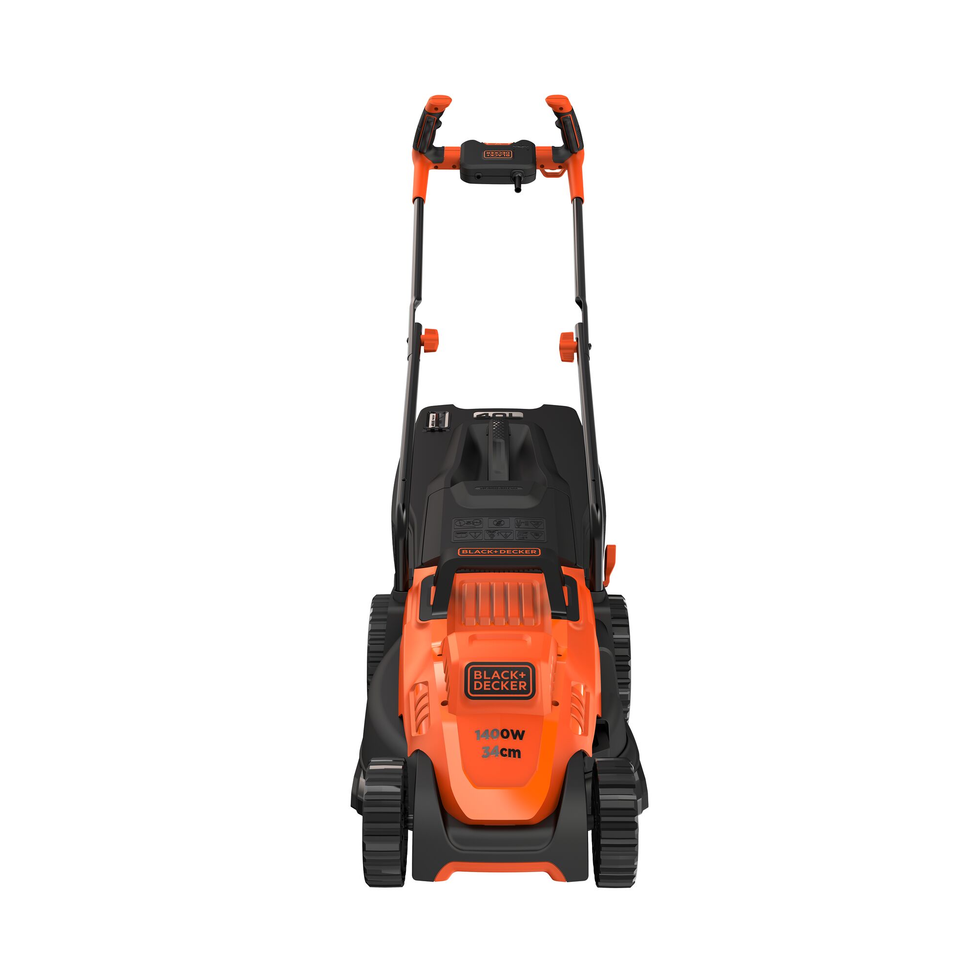 Front view of a BLACK+DECKER electric lawn mower, model BEMW461BH, featuring a bright orange and black color scheme, sturdy wheels, and ergonomic handle.