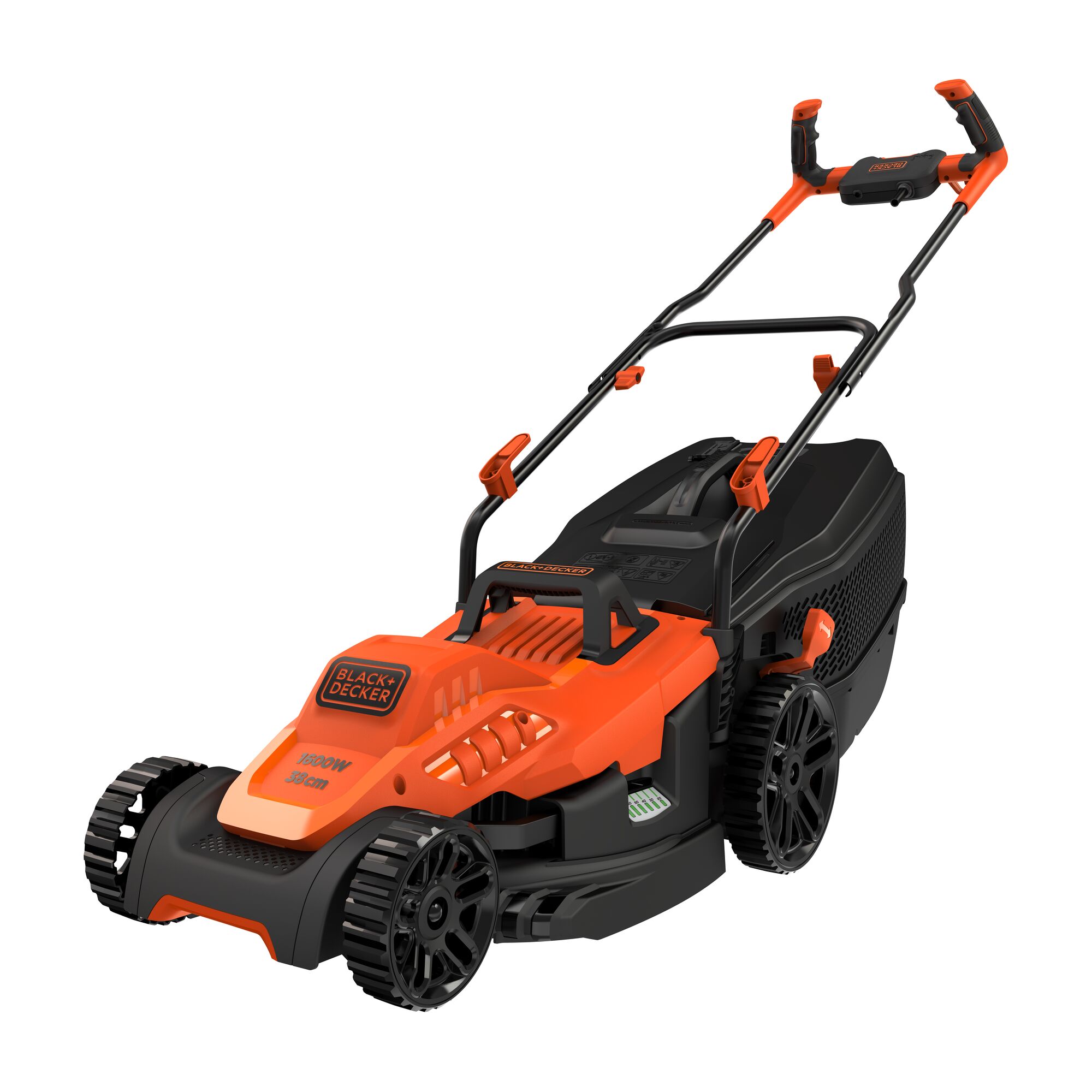 BLACK+DECKER BEMW471BH electric lawn mower with orange and black design, adjustable handle, and large rear grass collection box.