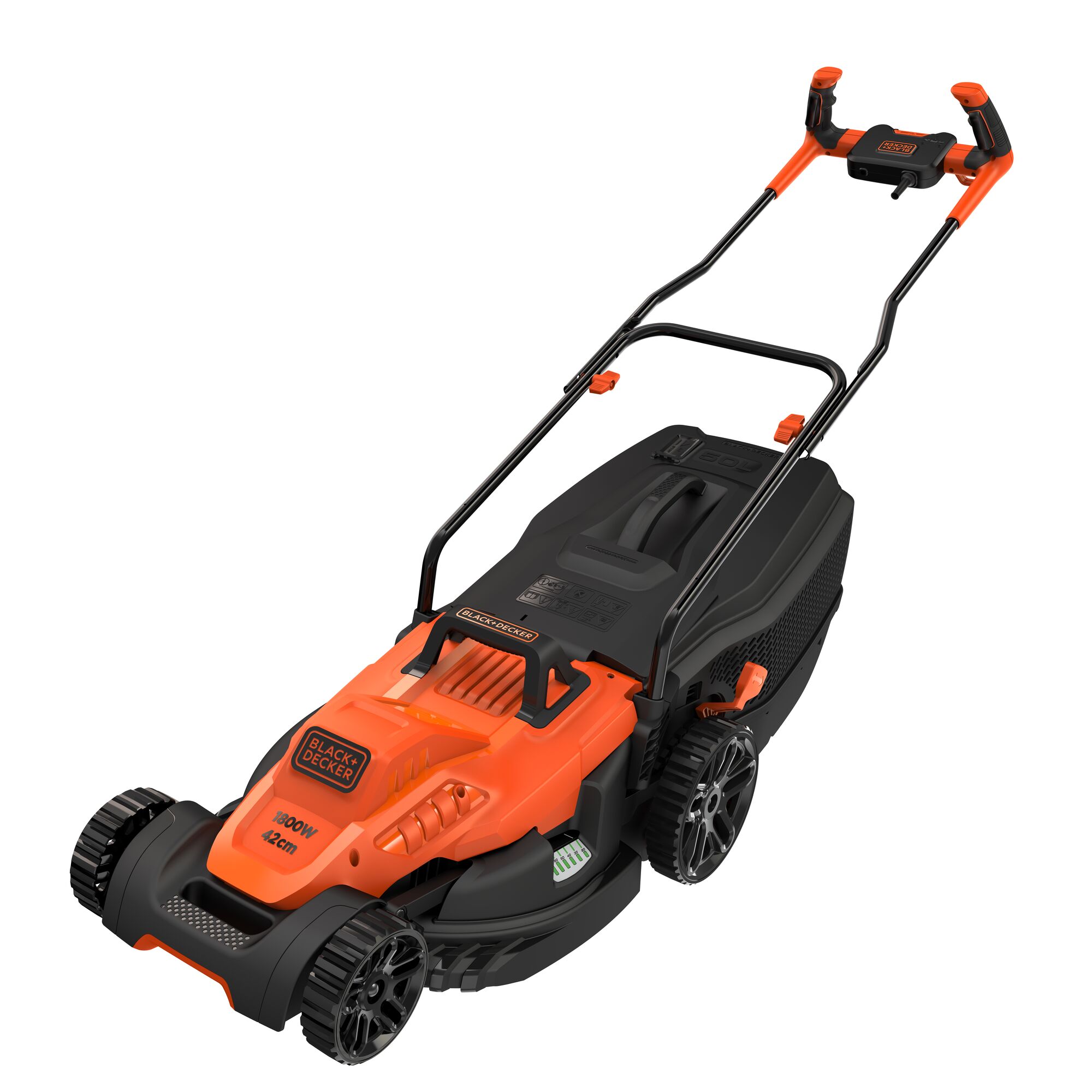 A BLACK+DECKER electric lawn mower with an orange and black design, featuring a handlebar, four wheels, and a grass collection box.