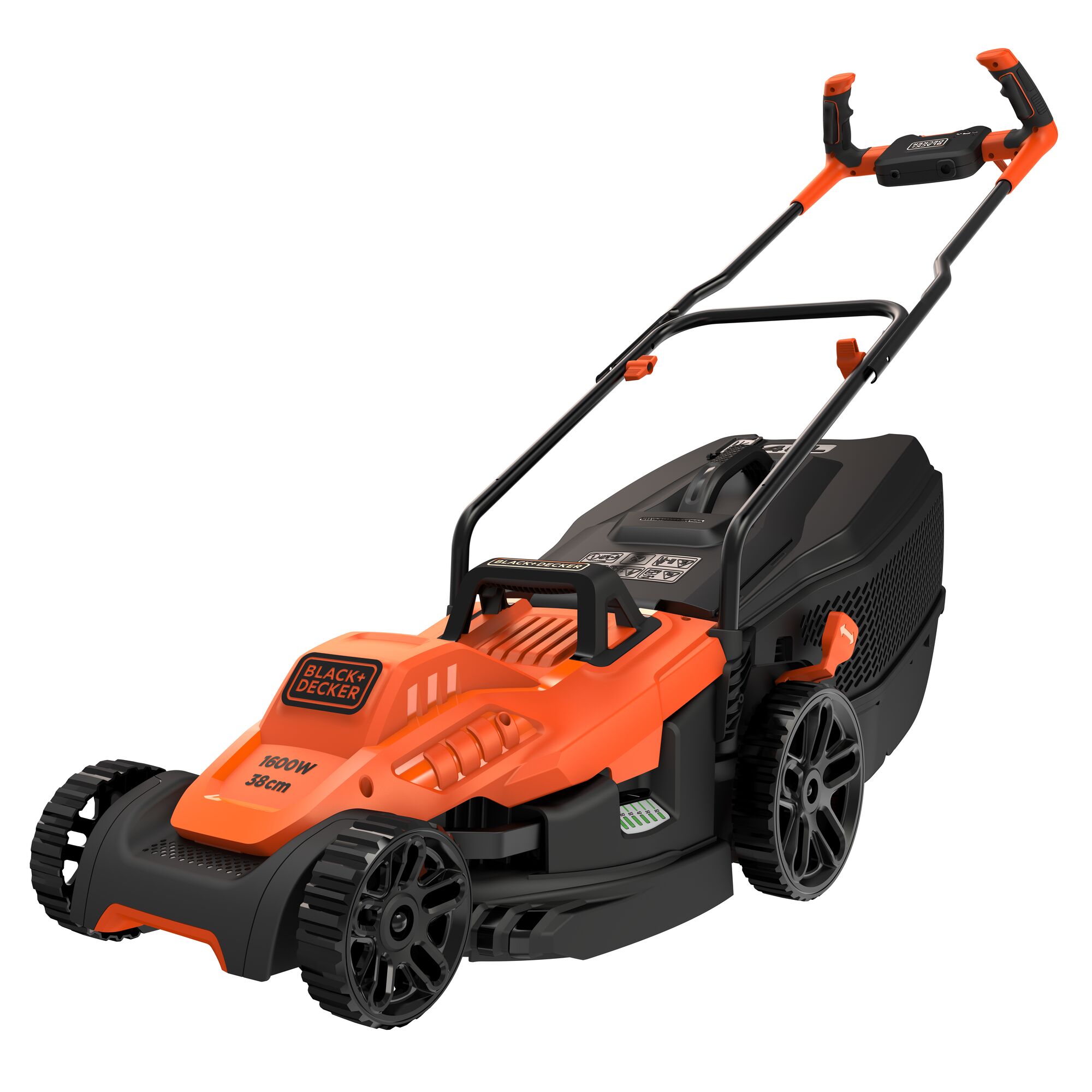 Electric lawn mower from BLACK+DECKER, model BEMW471BH, featuring an orange and black design, sturdy wheels, and an ergonomic handle.