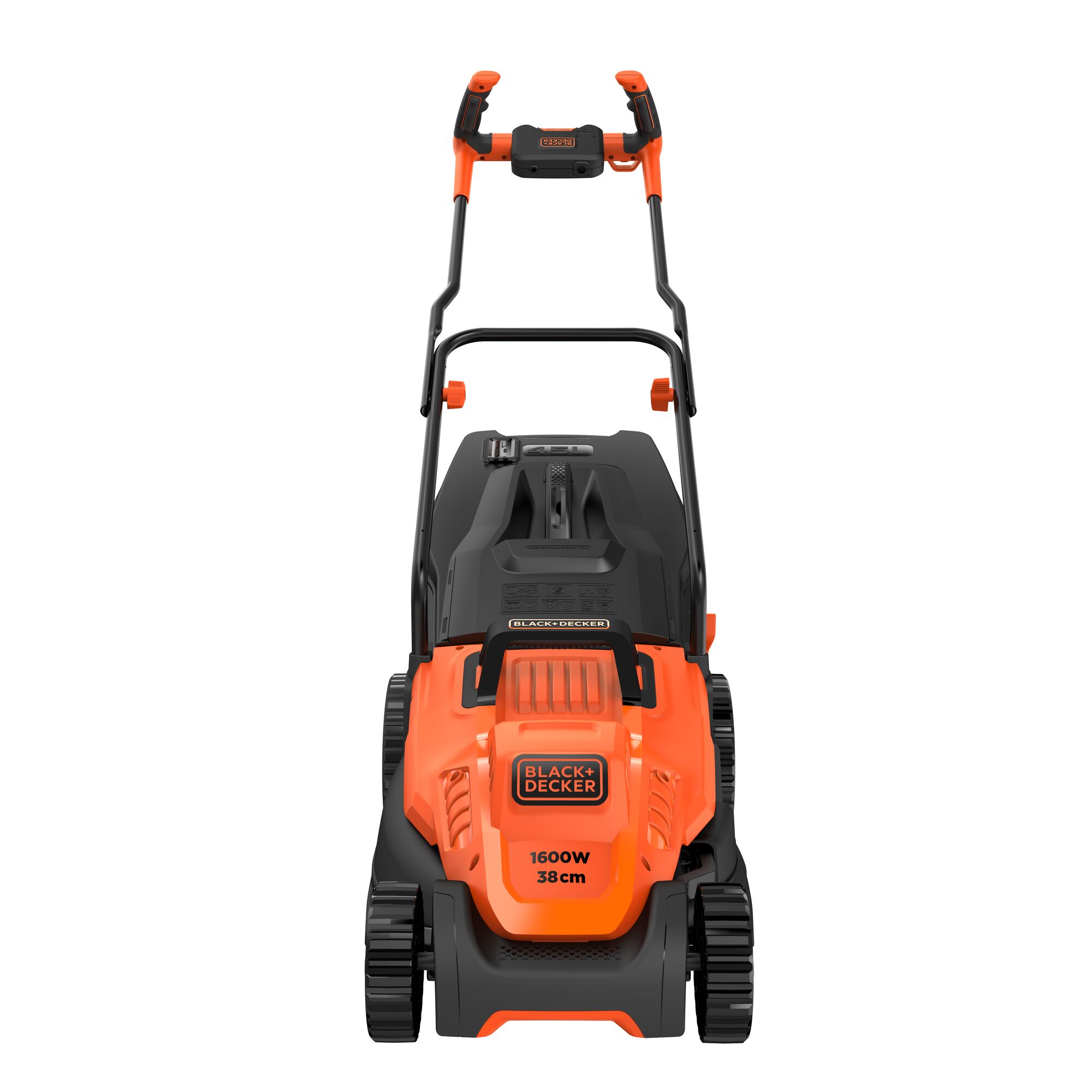 Front view of a BLACK+DECKER electric lawn mower, model BEMW471BH, with orange and black body, labeled 1600W 38cm.