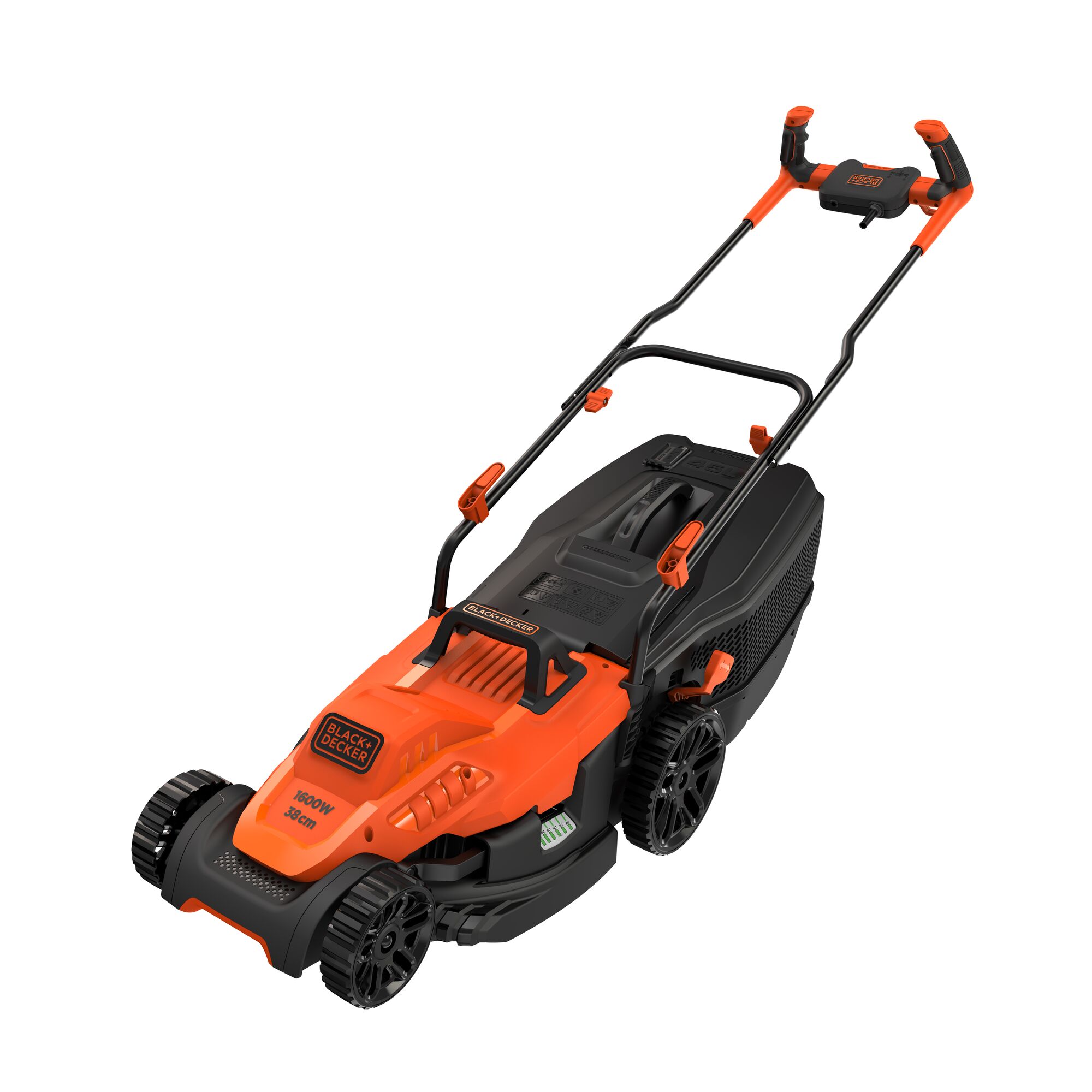 A BLACK+DECKER electric lawn mower with an ergonomic handle, black and orange design, and a grass collection box attached at the back.