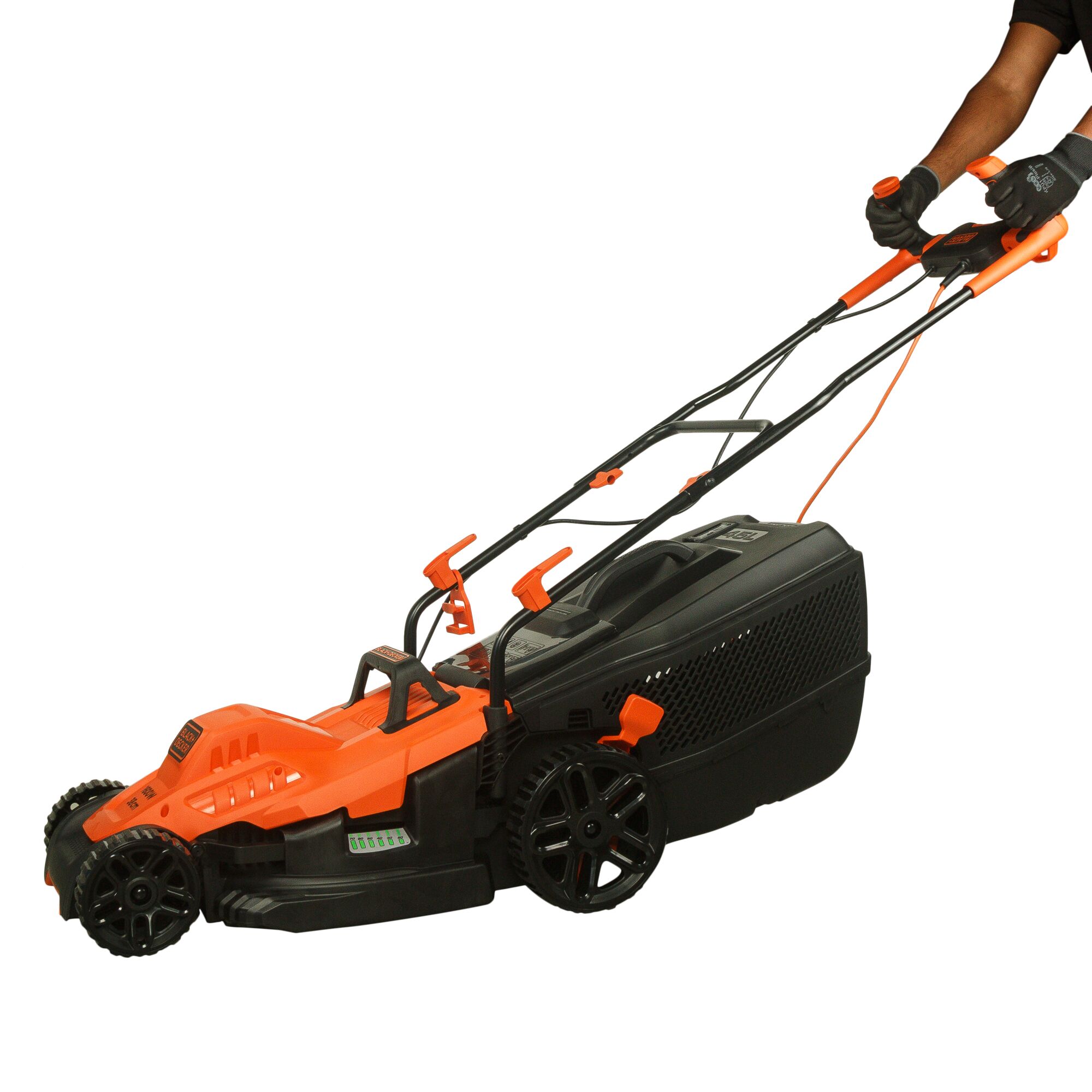 BLACKDECKER BEMW471BH lawn mower, orange and black, side angle photo, person holding handle.