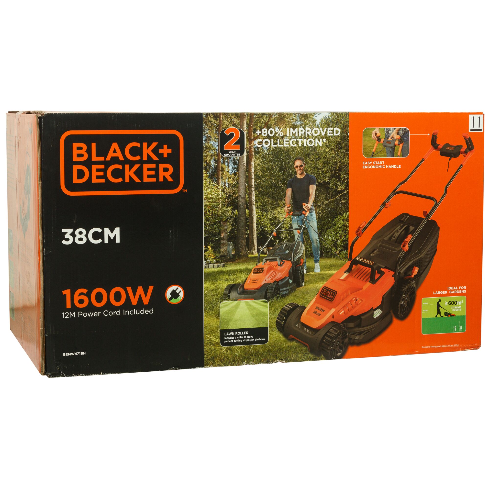 BLACK+DECKER BEMW471BH electric lawn mower box, orange and black, front angle showing product features.