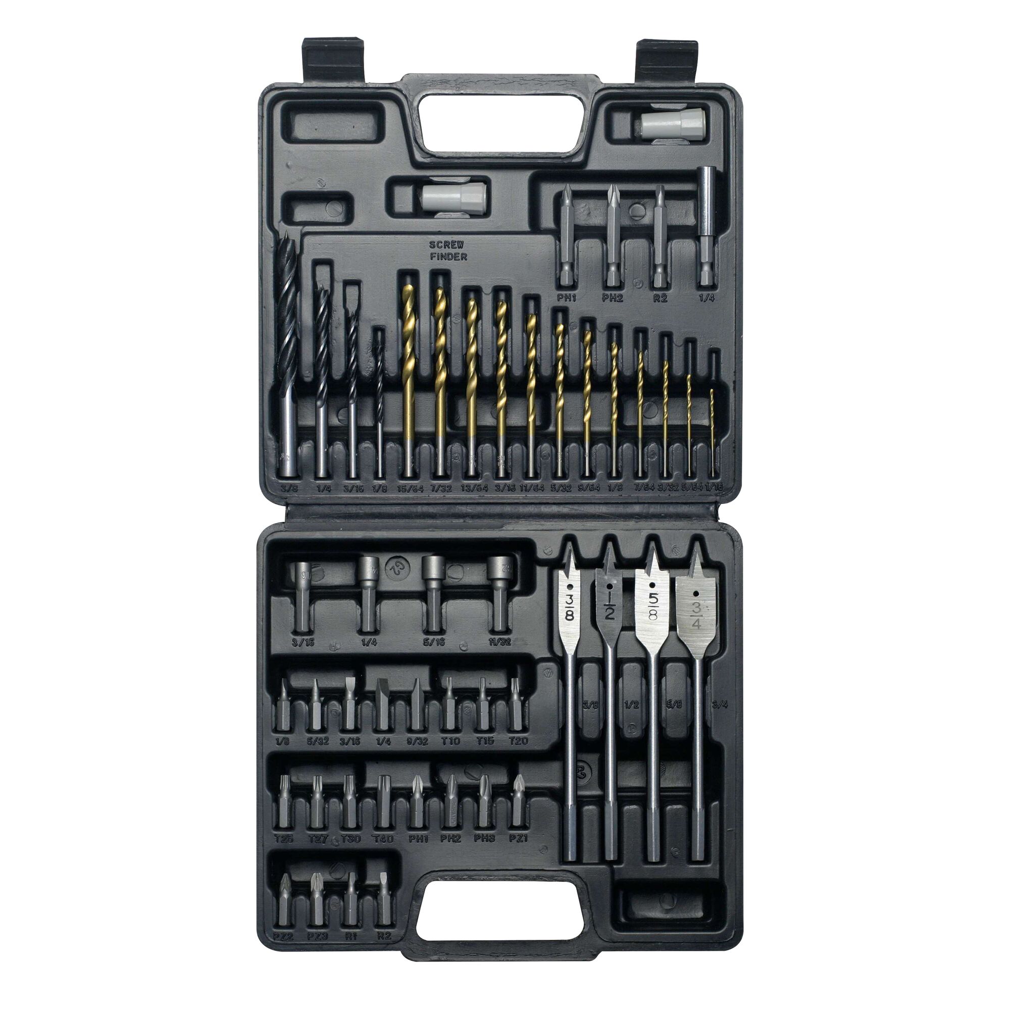 BLACKDECKER CD121K50 drill and bit set in black plastic case, top-down angle, assorted bits included.