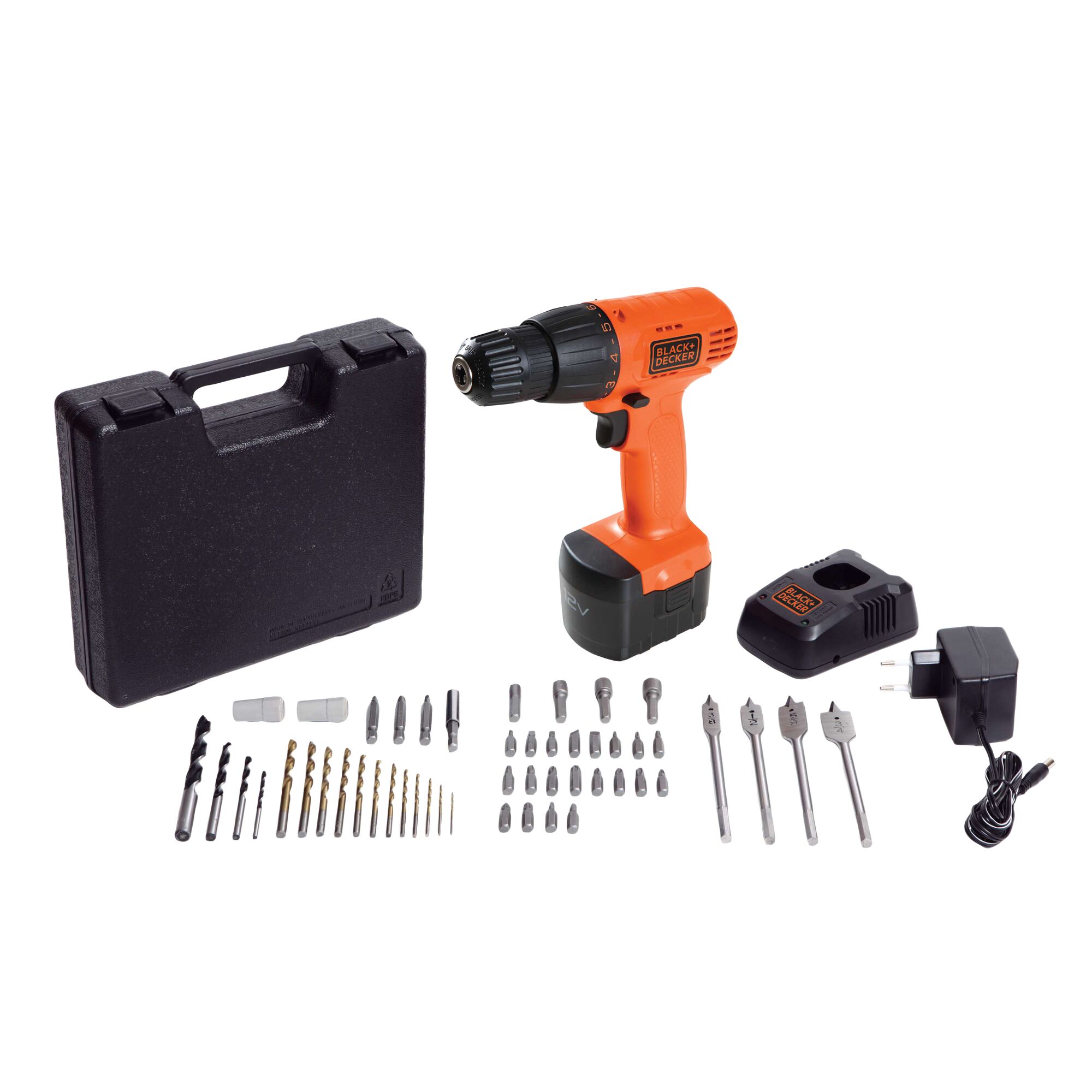BLACK+DECKER cordless drill kit with an orange and black drill, battery charger, various drill bits, screwdriver bits, spade bits, a carrying case, and power adapter, all displayed on a white background.