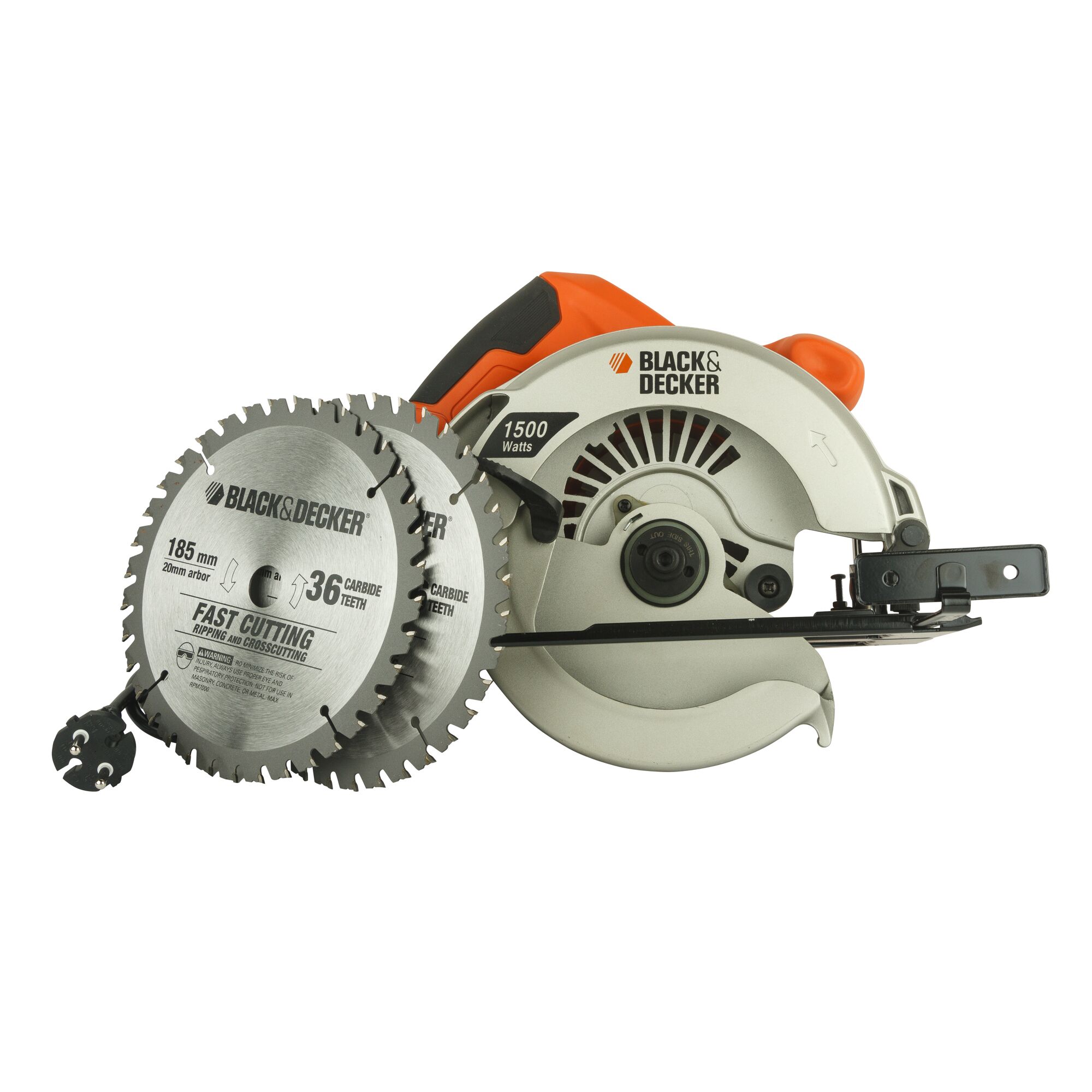Photo of BLACKDECKER CS1500 circular saw with two silver blades, product photography, side angle, white background.