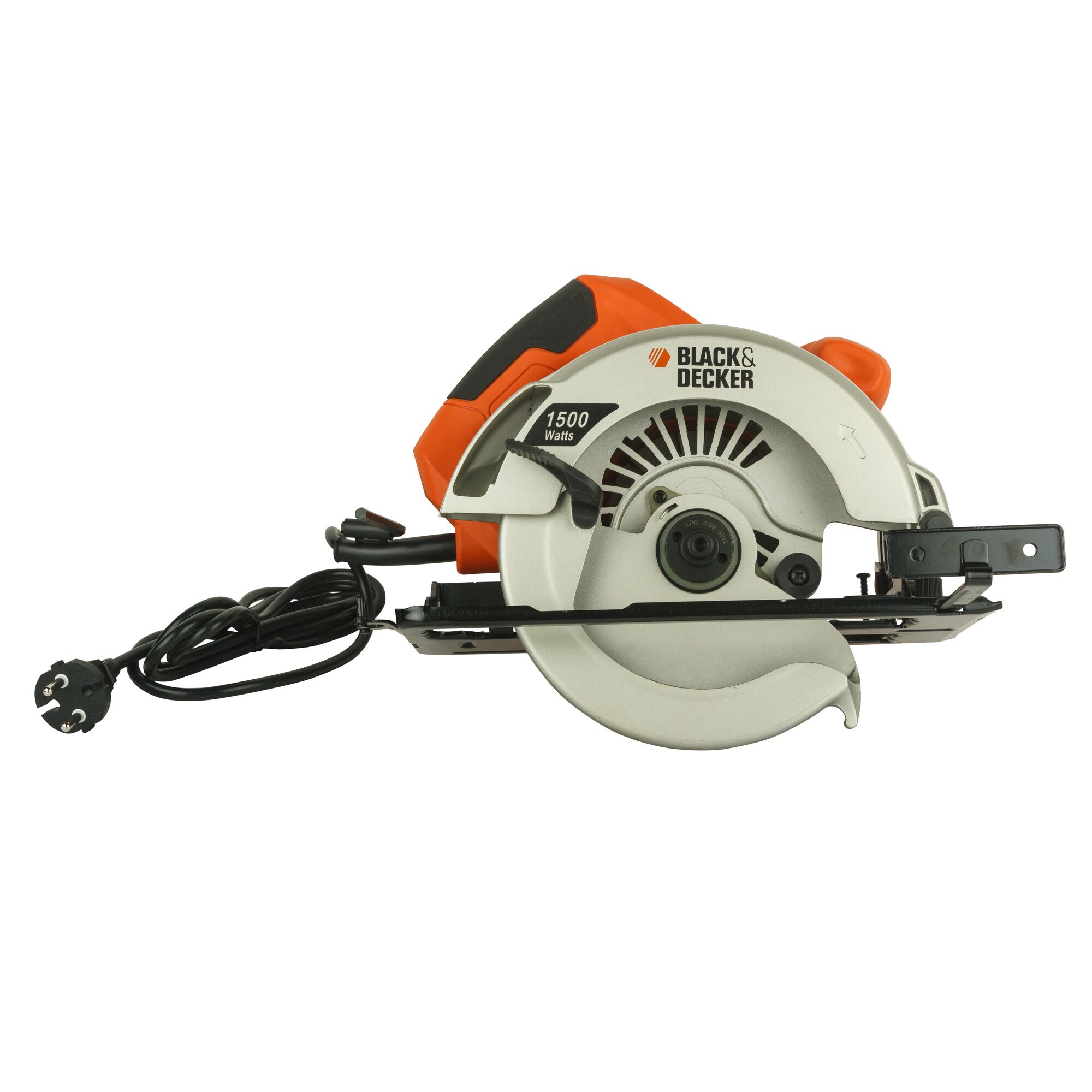 BLACKDECKER CS1500 corded circular saw, orange and grey, left side angle, photography product.