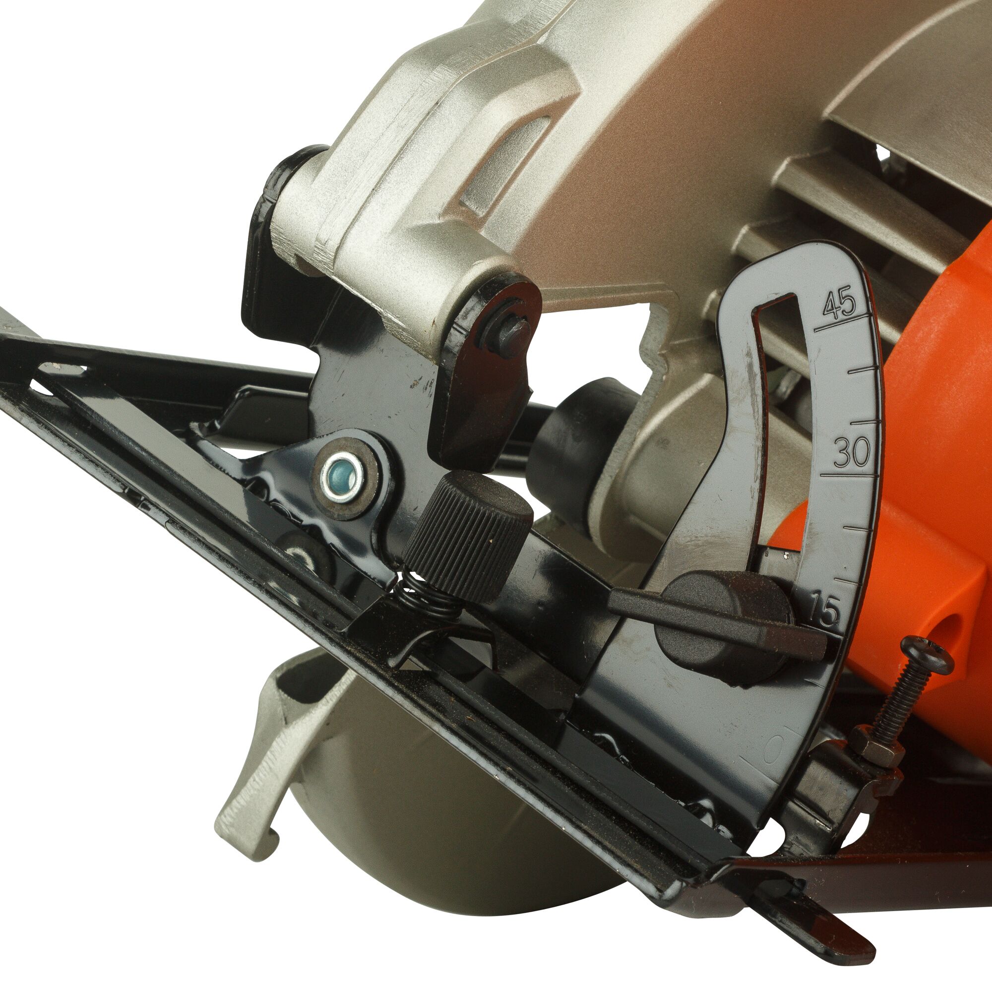 BLACKDECKER CS1500 circular saw close-up, with angle adjustment dial, photography, side view.