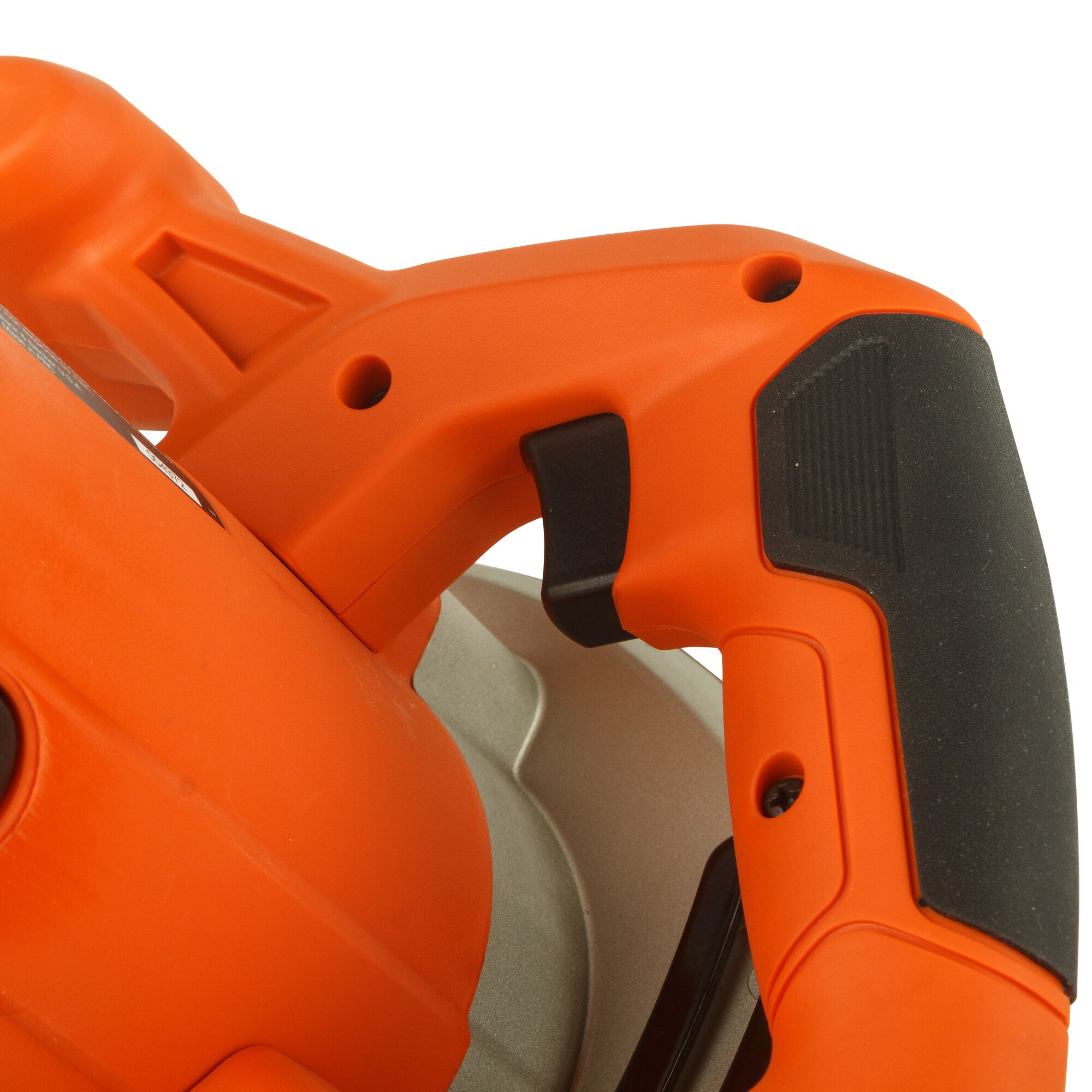BLACKDECKER CS1500 photography of orange and black handle and trigger on a power tool, close-up angle.