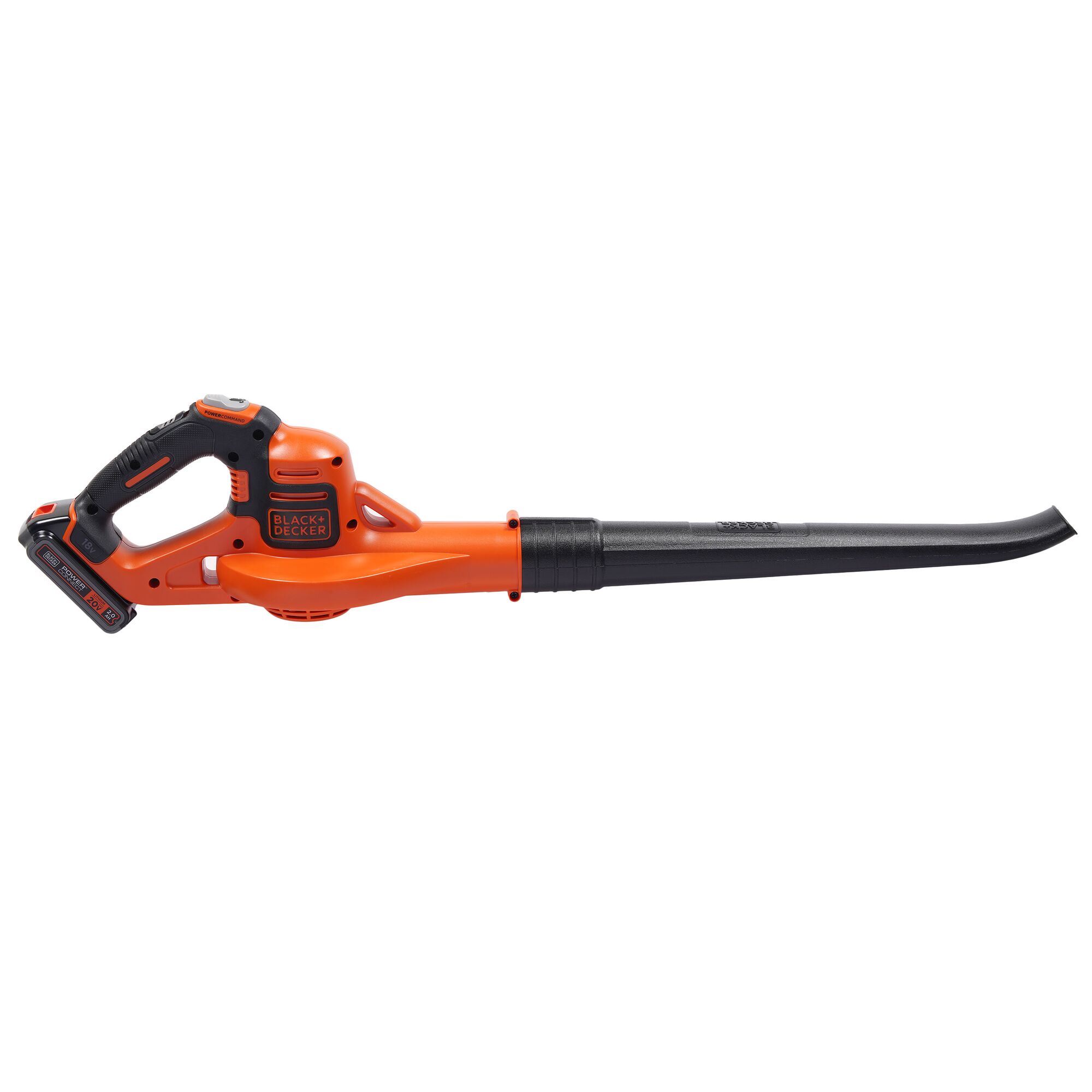 BLACKDECKER GWC1820PCF orange cordless leaf blower, side view, black nozzle, photography.