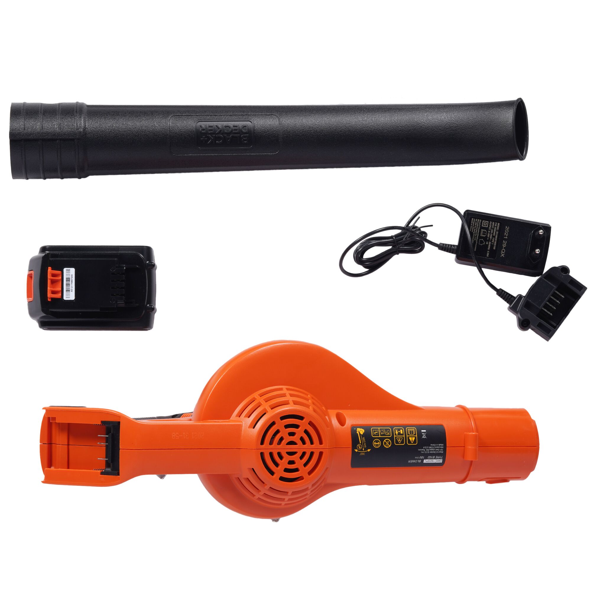 BLACKDECKER GWC1820PCF orange cordless blower, black nozzle, battery, and charger on white background, top view.