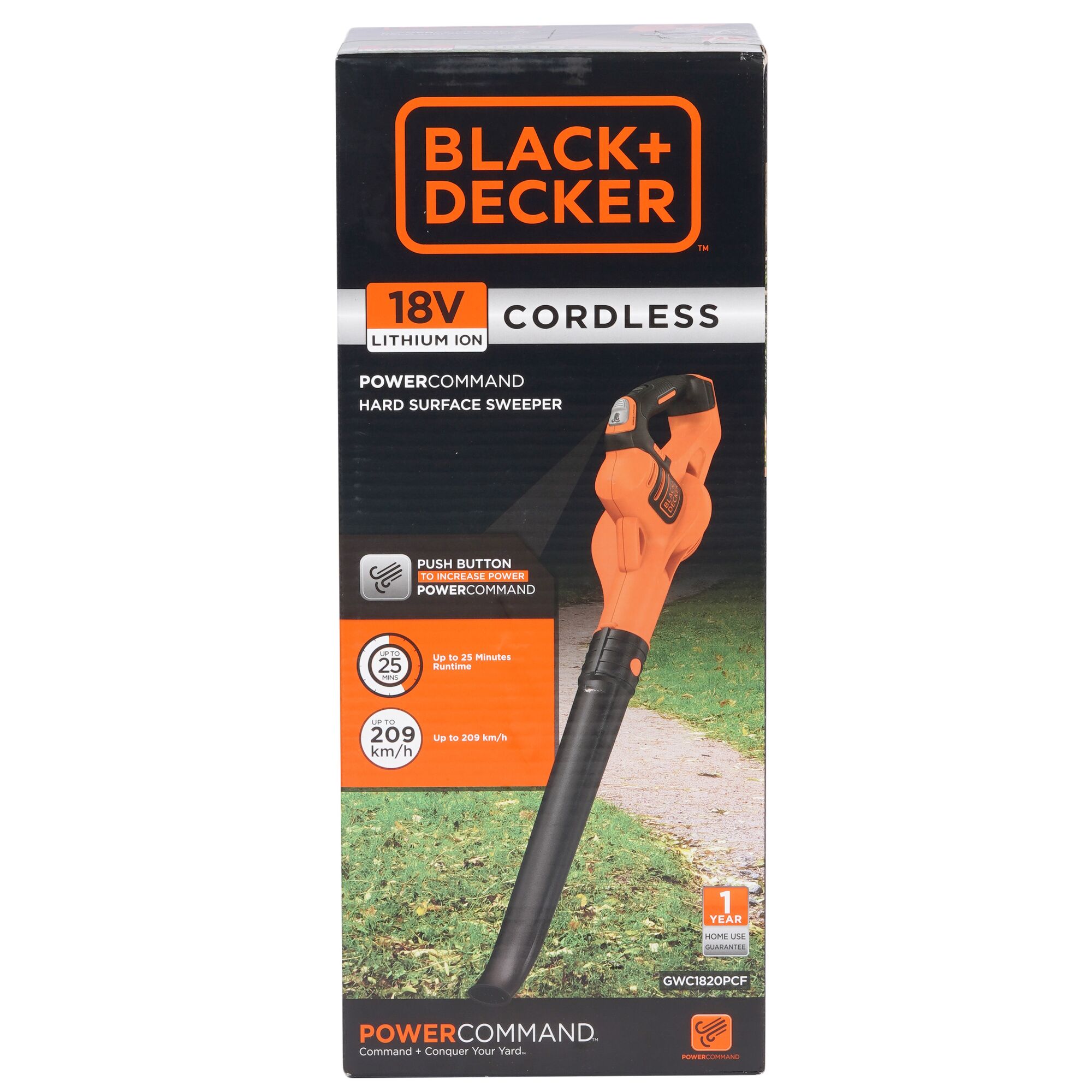 Front angle photo of BLACK+DECKER cordless hard surface sweeper box, 18V lithium ion, SKU GWC1820PCF.