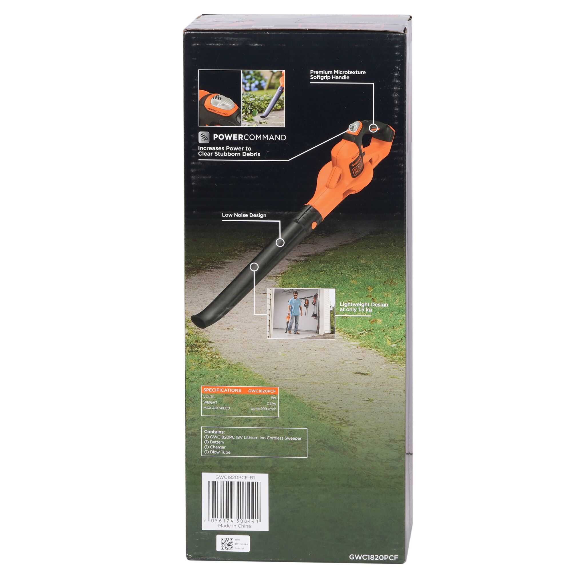 BLACKDECKER GWC1820PCF cordless leaf blower box, rear view showing product features and specifications.